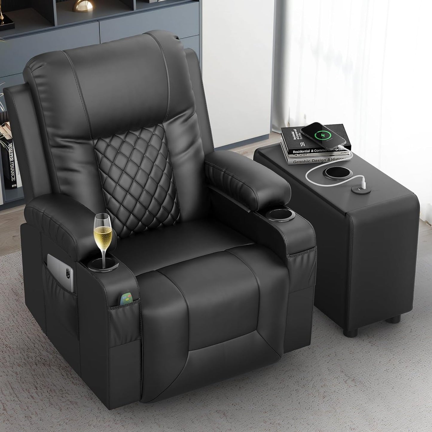 Recliner Chairs with Recliner Side Table End Table for Adults, Massage Rocker, USB Ports, 360 Degree Swivel Single Sofa Seat Living Room
