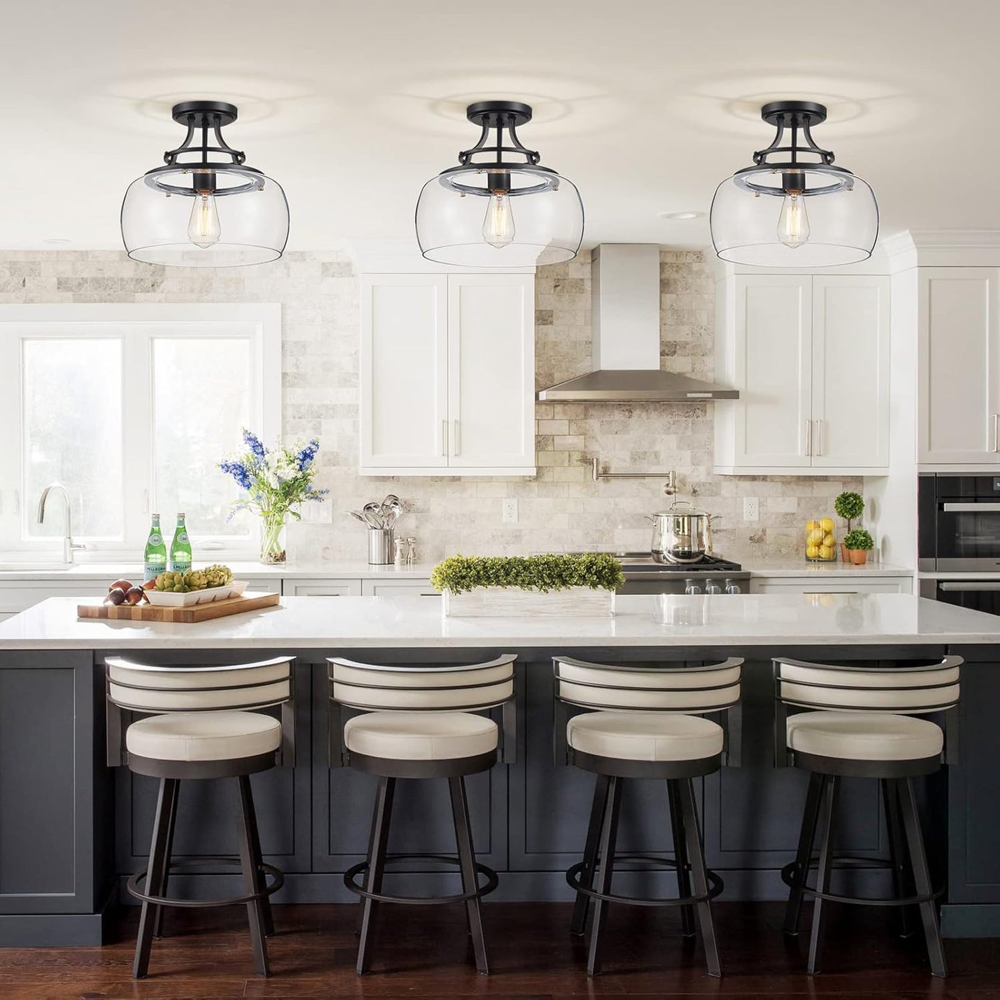 WUZUPS Chandelier Rustic Farmhouse Industrial Round Semi-flushmount Ceiling LED Light Fixture with Clear Glass Shades for Bathroom Kitchen Foyer Entryway, H 11.8" x W 13.4", E26 Base, Black