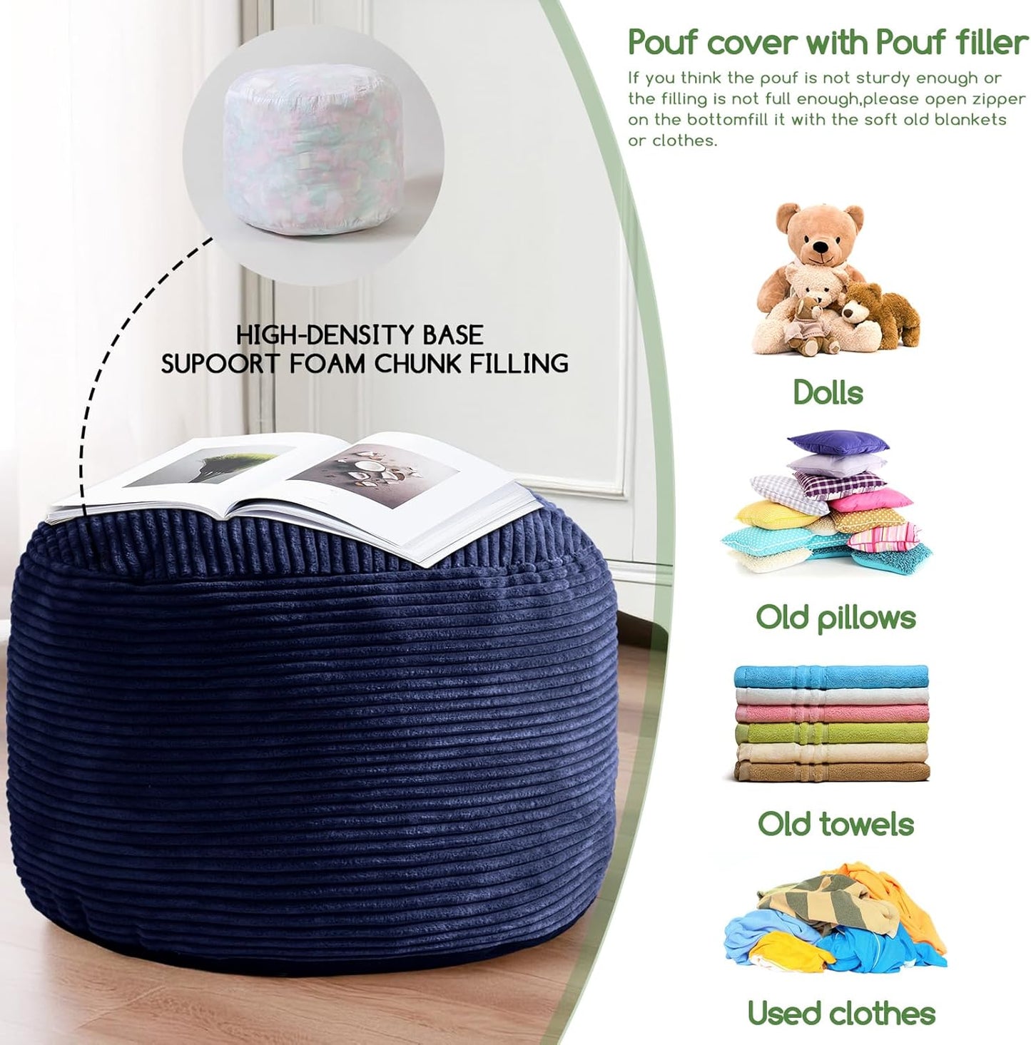 HIGOGOGO Round Stuffed Pouf Ottoman, Corduroy Poufs with Foam Chunk Filling, Furry and Fluffy Pouf Foot Stool Storage Ottoman, 26 X 18 Floor Poufs Foot Rest for Living Room, Navy