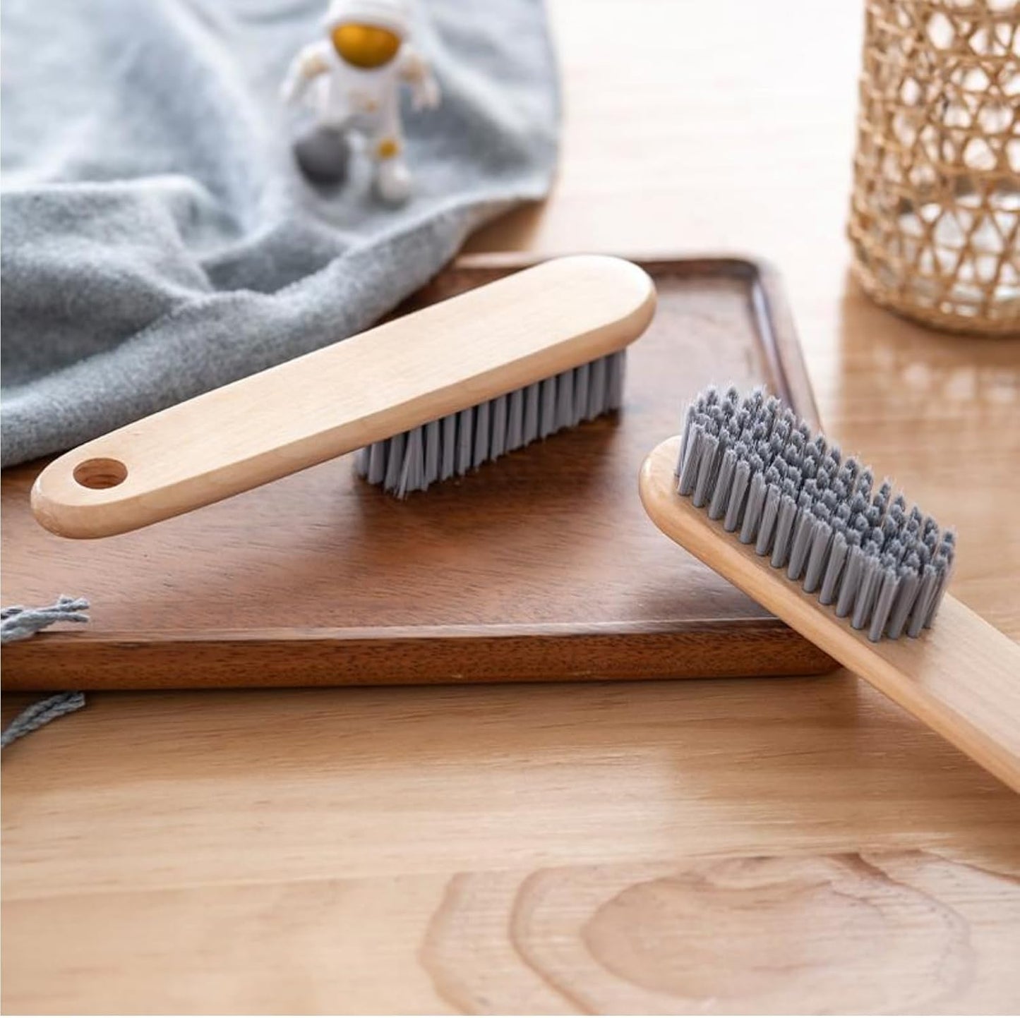 2PCS Wood Laundry Brush, Long Handle Clothing Stain Remover Scrubber, Soft Bristle for Scrubbing Out Tough on Delicate, Easy to Grip Hand Washing Clothes