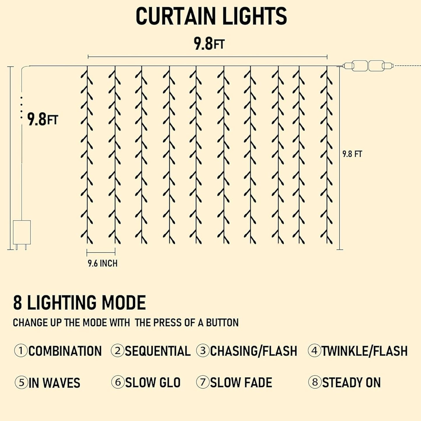 Dazzle Bright 300 LED Curtain String Lights, Christmas Fairy Lights for Bedroom with 8 Lighting Modes, Connectable Waterproof Window Lights Party Wedding Garden Wall Decor, Multi-Colored