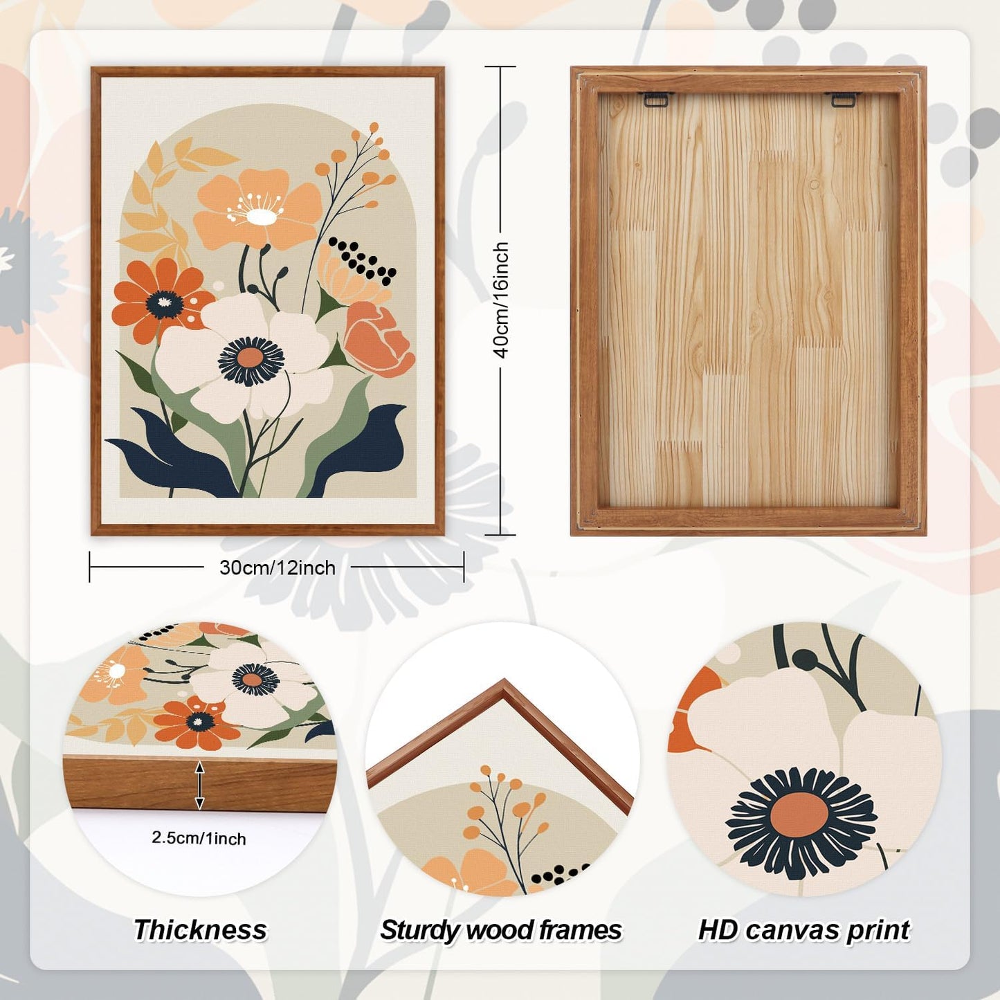 KAIRNE Boho Canvas Wall Art,Abstract Floral Wall Decor,Modern Minimalist Prints Set of 3(16”X24”),Botanical Wall Art Paintings,Bohemian Mid Century Artwork for Living Room Bedroom Office Decor,Framed