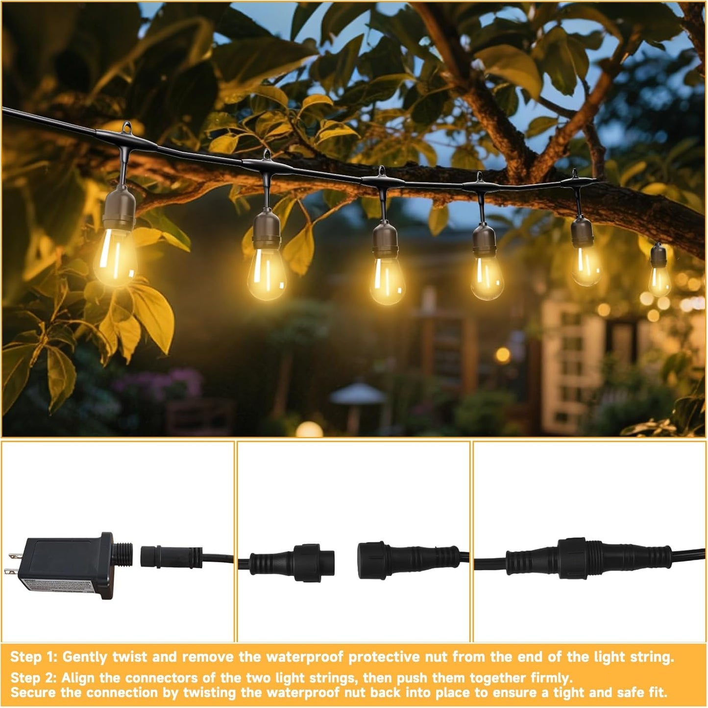 Outdoor Safety String Lights 200FT - 24V 20W Commercial Grade Low Voltage Strand with 80 S14 Shatterproof Bulbs for Tree Garden Yard Cafe Bistro | Warm Yellow 3500K | IP65 Waterproof | UL Listed