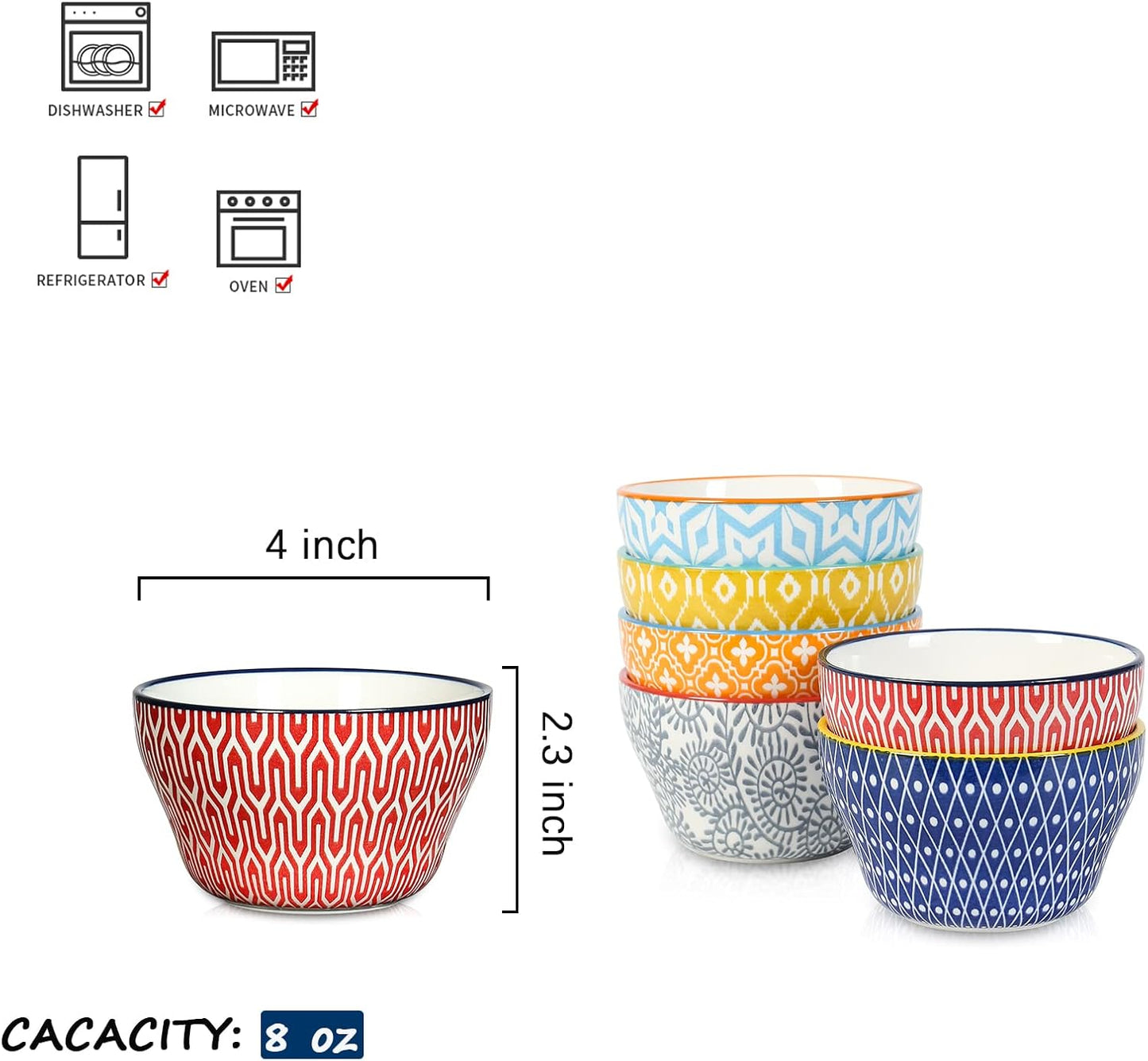 Selamica Ceramic 8oz Bouillon Cups 4 Inch Small Bowls, Dessert bowls for Soup Dipping Sauce Coffee Cupping, Microwave Dishwasher Safe, Set of 6, Assorted Colors