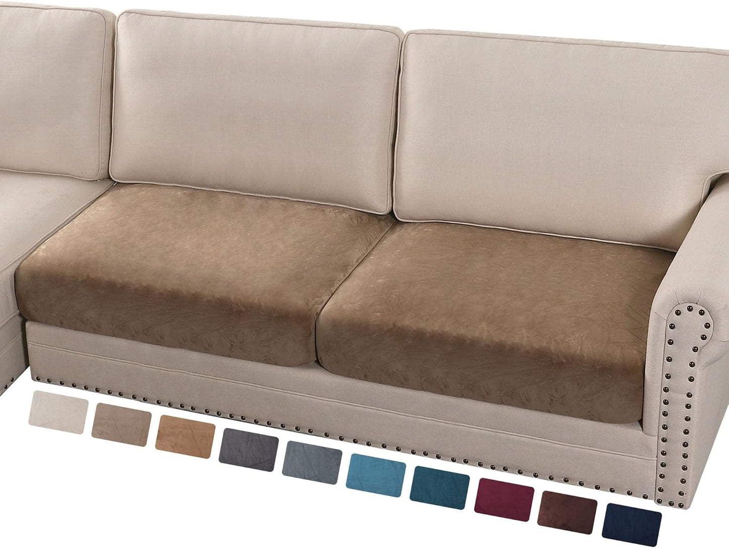 PrinceDeco Velvet Couch Cushion Cover Soft Stretch Cushion Slipcover for Chair Loveseat Sofa Cushion Furniture Protector Seat Cushion Sofa Cover (2 Piece Large Sofa Cushion Covers, Taupe)