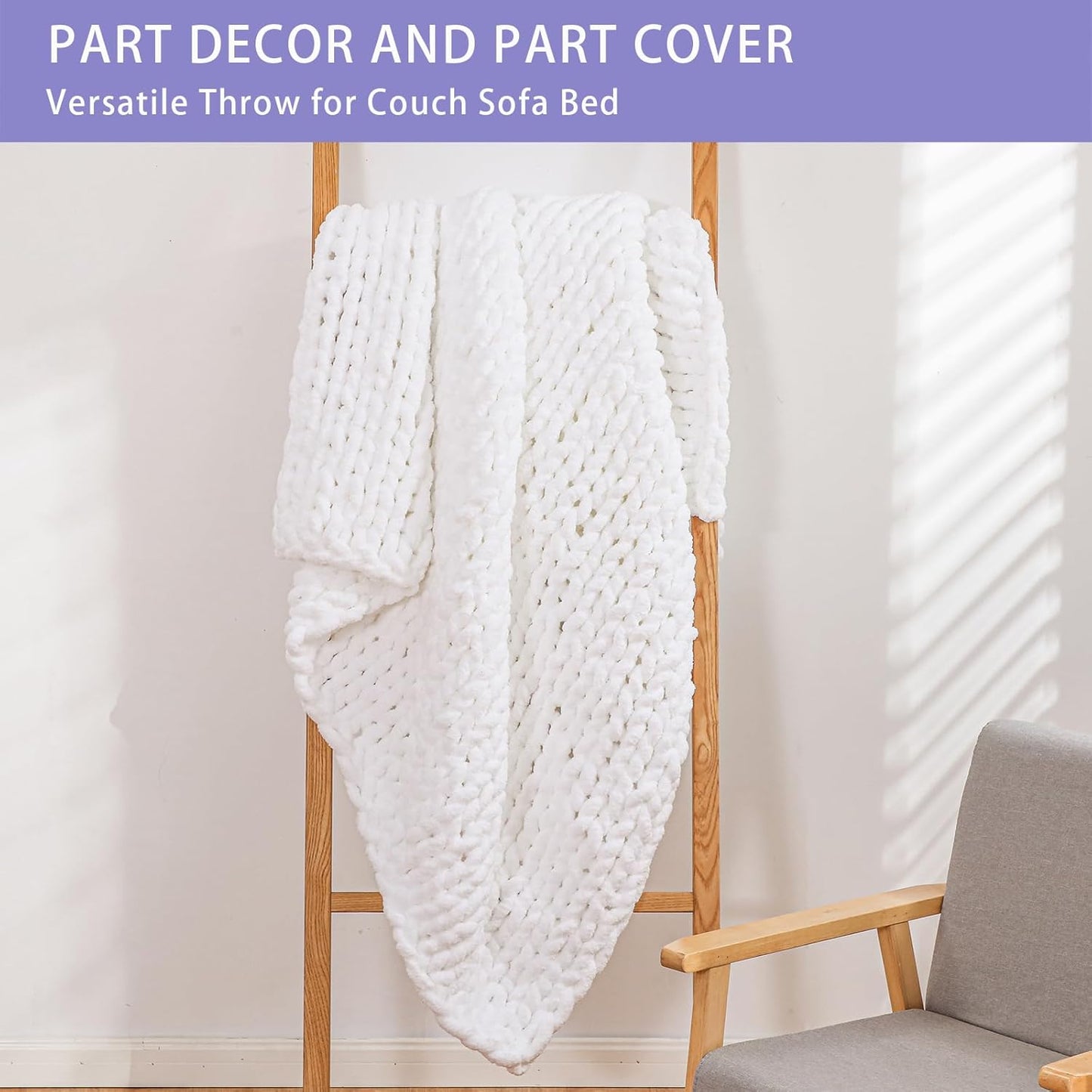 Bigacogo Chunky Knit Throw Blanket for Couch, 60x80 inches, 100% Hand Knitted with Thick Jumbo Chenille Yarn, Cozy Soft Large Rope Knot Cable Crochet Blankets for Sofa Bed Living Room, White