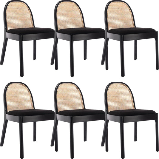 Mid Century Dining Chairs Set of 6, Accent Rattan Sherpa Fabric Side Chairs Kitchen Chair with Solid Wooden Legs for Living Room Dining Room, Black