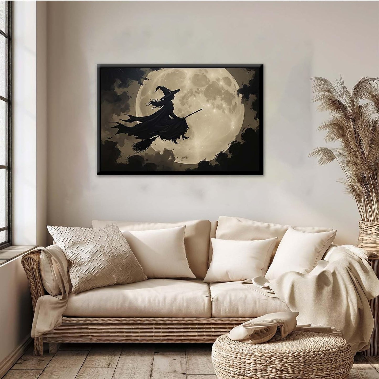 JFHCQJPK Full moon witch silhouette poster witch on magic broom Halloween mural poster decorative mural art suitable for home living room bedroom12x16in Metal blackFramed