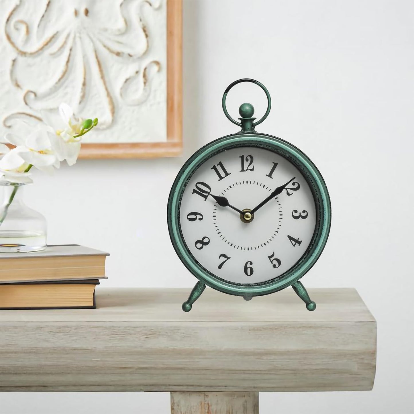 Vintage Small Rustic Green Table Clock on Stand - Decorative Desk and Shelf Clock, Battery Operated, Silent Non-Ticking Timepiece Perfect for Office, Living Room, and Bedroom Decor