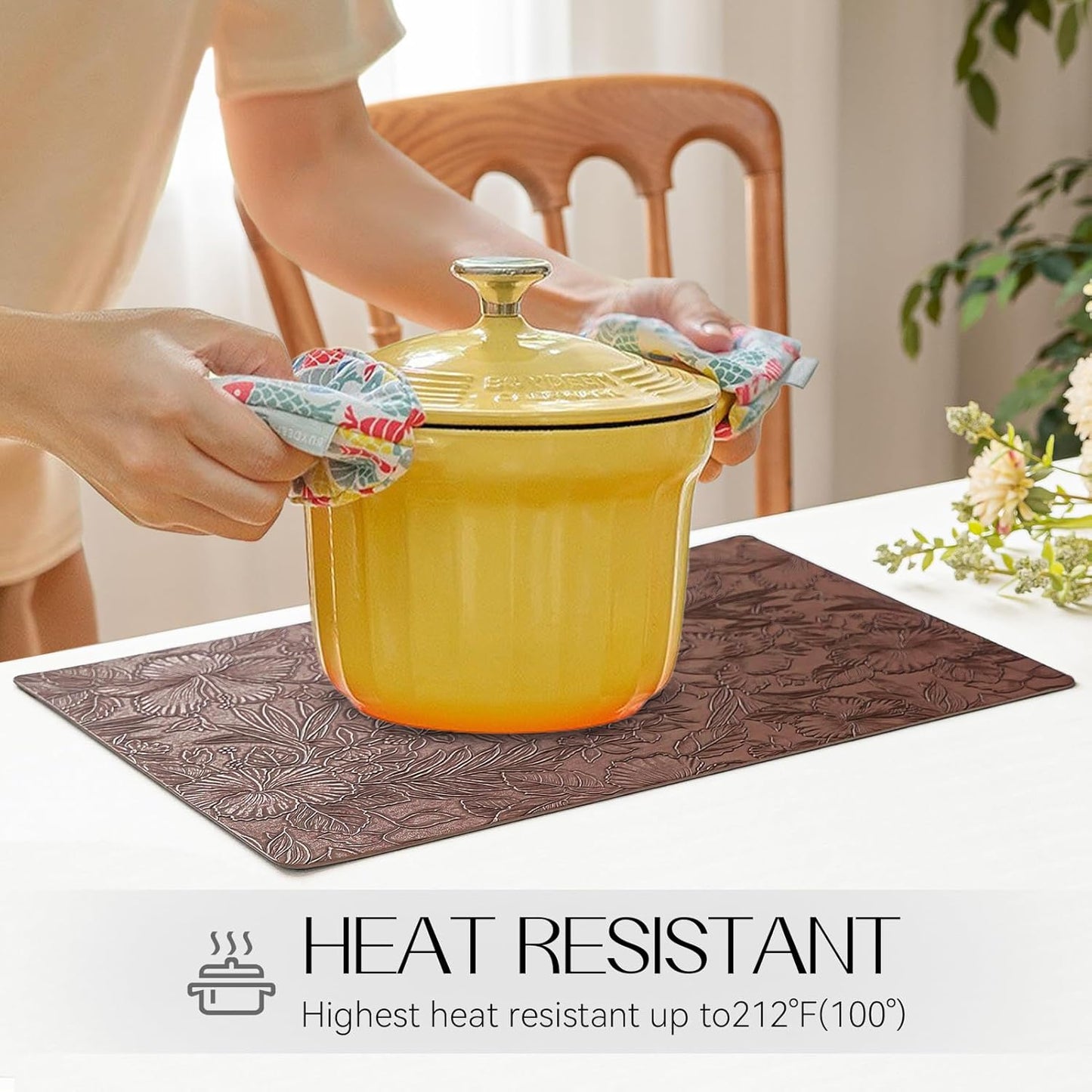 Romanstile Vinyl Placemats Set of 8-12 X 18 Inch - Heat Resistant Non-Slip Embossed Floral Place Mats 100% Waterproof Oilproof Wipeable Faux Leather Table Mats for Kitchen/Dining/Party, Brown