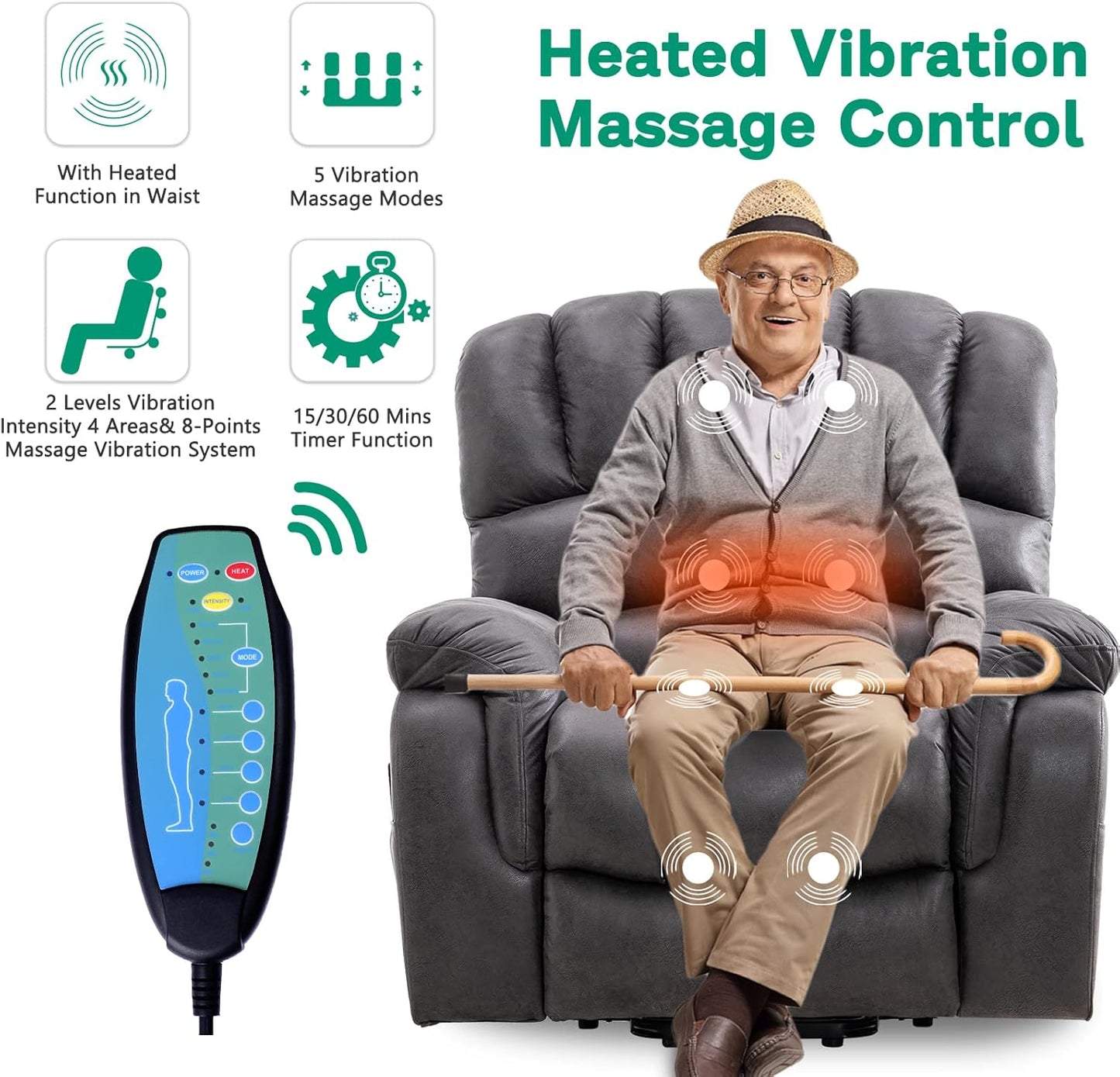 VIVIJASON Large Dual OKIN Motor Lay Flat Sleeper Lift Recliner Chair with Heat & Massage for Elderly, Infinite Position Electric Power Recliner with 2 Remote Controls, Side Pockets & USB Ports, Gray