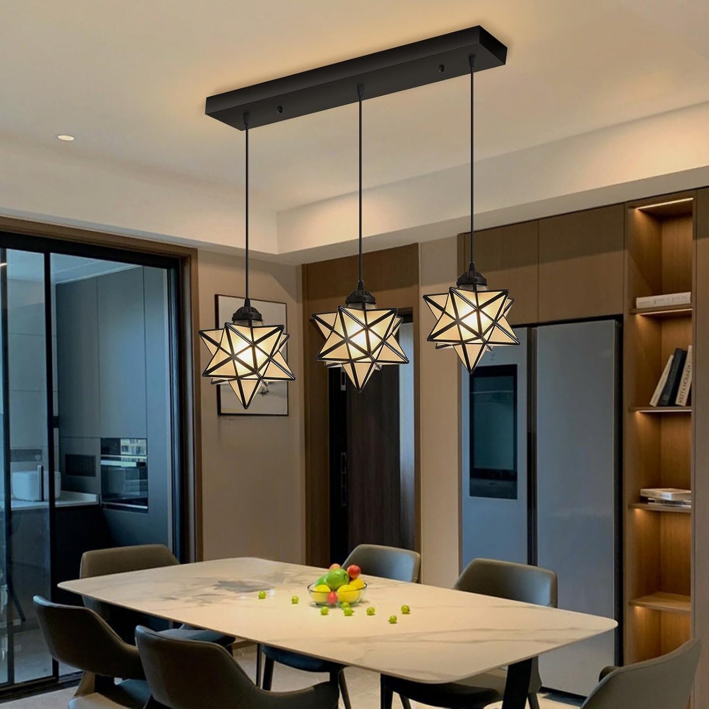 Modern Frosted White Glass Chandelier Dining Room Farmhouse Star Pendants Lights for Kitchen Island LED Ceiling Hanging Lighting Included Warm Light Bulbs Black