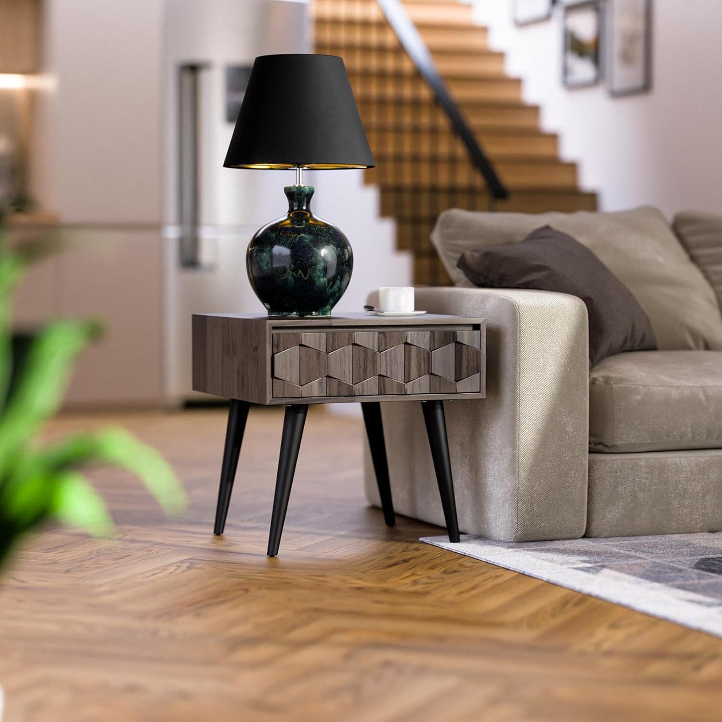 Bme Georgina Solid Wood Nightstand with Drawers, Pre-Assembled Rustic Nighstand with Geometric Pattern, Mid Century Modern Side Table for Living Room, Bedroom - Mocha