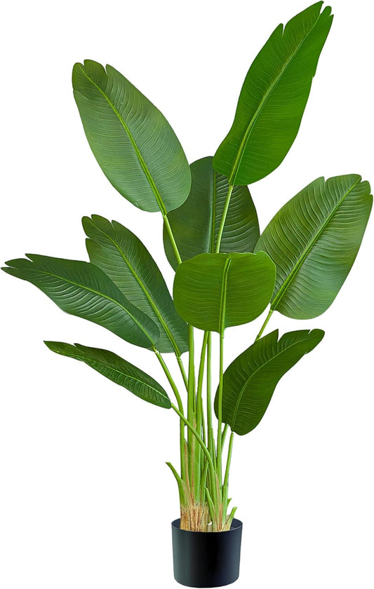Lifelike Bird of Paradise Silk Artificial Plant Faux Banana Leaf Tree for Home Decor - Perfect Indoor Floor Plant with 9 Trunks (1, Black Planter, 5 FT)