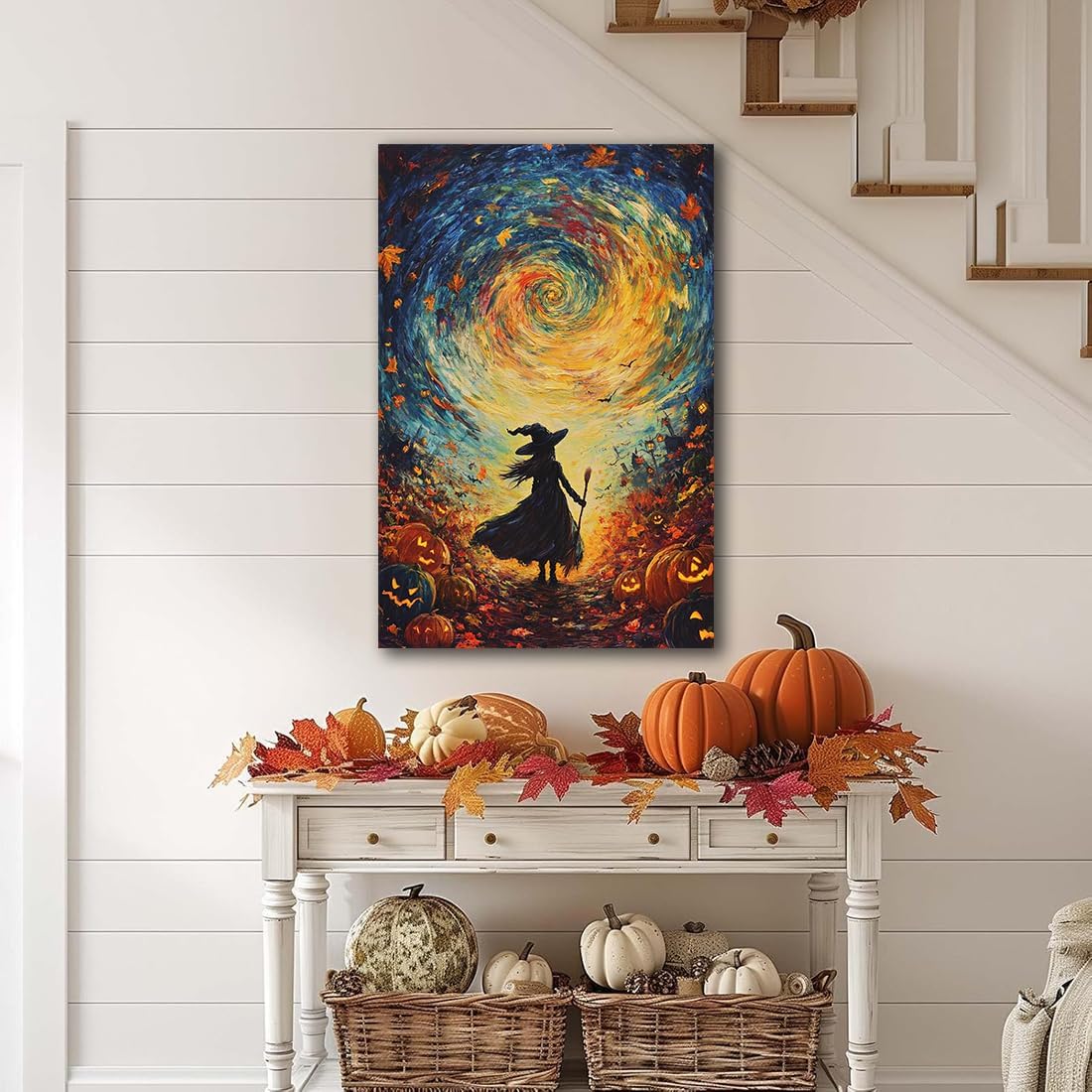 Halloween Autumn Witchy Decor Wall Art Prints,Gothic Witch in Whirlwind Autumn with Pumpkins Scene Pictures Poster,Fall Festival Home Decor Painting Canvas Poster for Bedroom Bathroom,12"x18" Framed