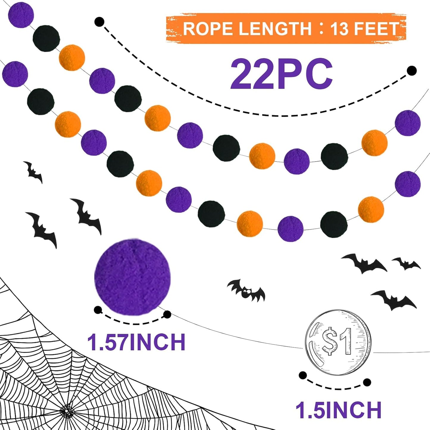 TBD Decor 2pk Halloween Decorations Pom Pom Garland,13FT Colorful Large Felt Ball Garland,Cute Hanging Halloween Party Decorations for Mantle,Indoor Birthday Party Supplies