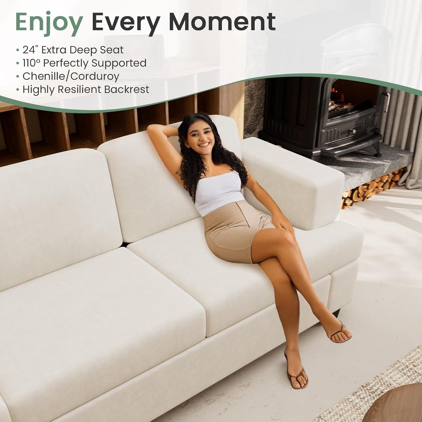 Sofa, 89" 3-Seater Deep Seat Sofa, Modern Comfy Couches for Living Room Apartment Lounge, Beige Chenille