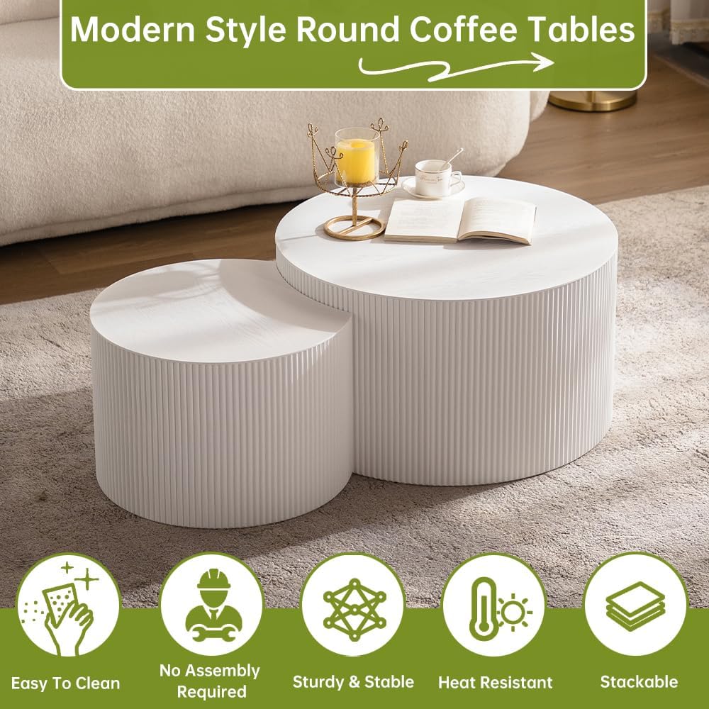 Round Nesting Coffee Table Modern White Fluted Coffee Table Set of 2 Stripe Cream Round Coffee Tables Drum Crescent Side Table Accent End Table for Living Room (White A Large)