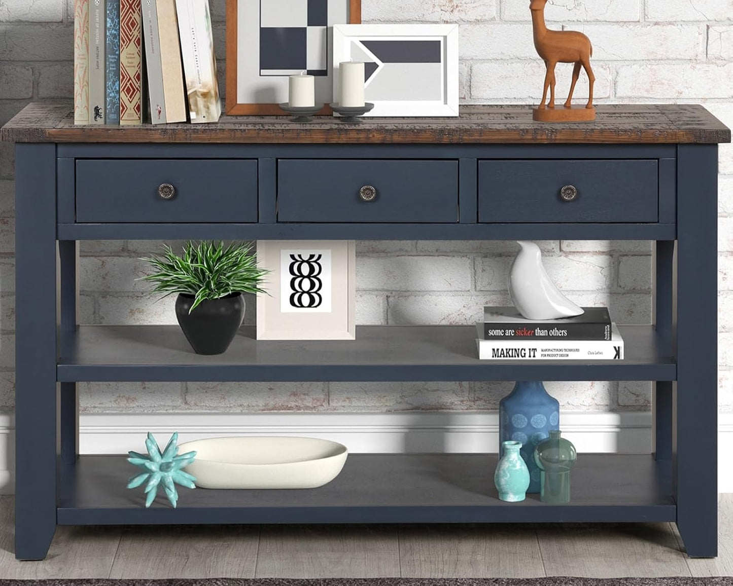 Solid Wood Console Table Sofa Table with Storage Drawers and Bottom Shelf Entryway Table for Entry Hallway Foyer Sofa Couch Table Fully Assembled (48.8" Blue)