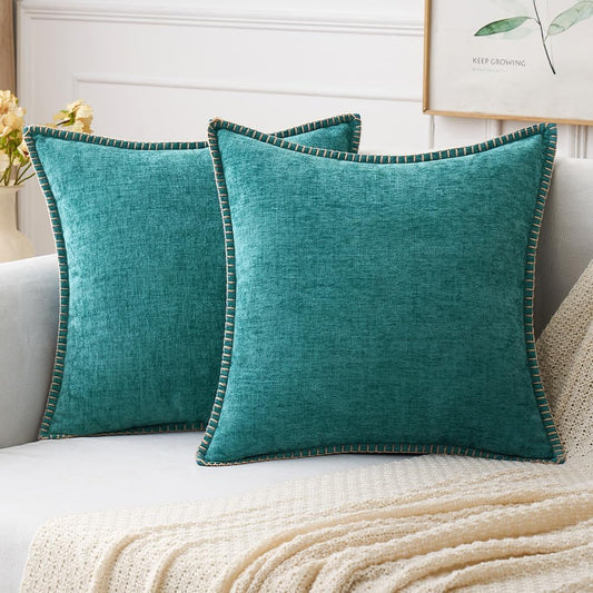 MIULEE Pack of 2 Couch Throw Pillow Covers 20x20 Inch Teal Farmhouse Decorative Pillow Covers with Stitched Edge Soft Chenille Solid Dyed Spring Pillow Covers for Sofa Bed Living Room