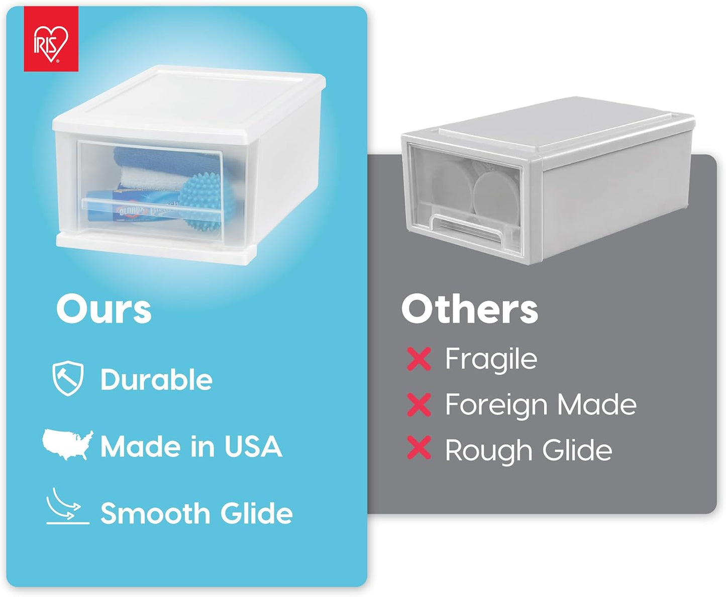 IRIS USA 7 Qt. Plastic Drawer Storage Organizer Stacking Drawers, 4-Pack, Stackable Unit with Sliding Drawer for Clothes Bedroom Kitchen Under Sink Pantry Craft Room Bathroom Dorm Office, White