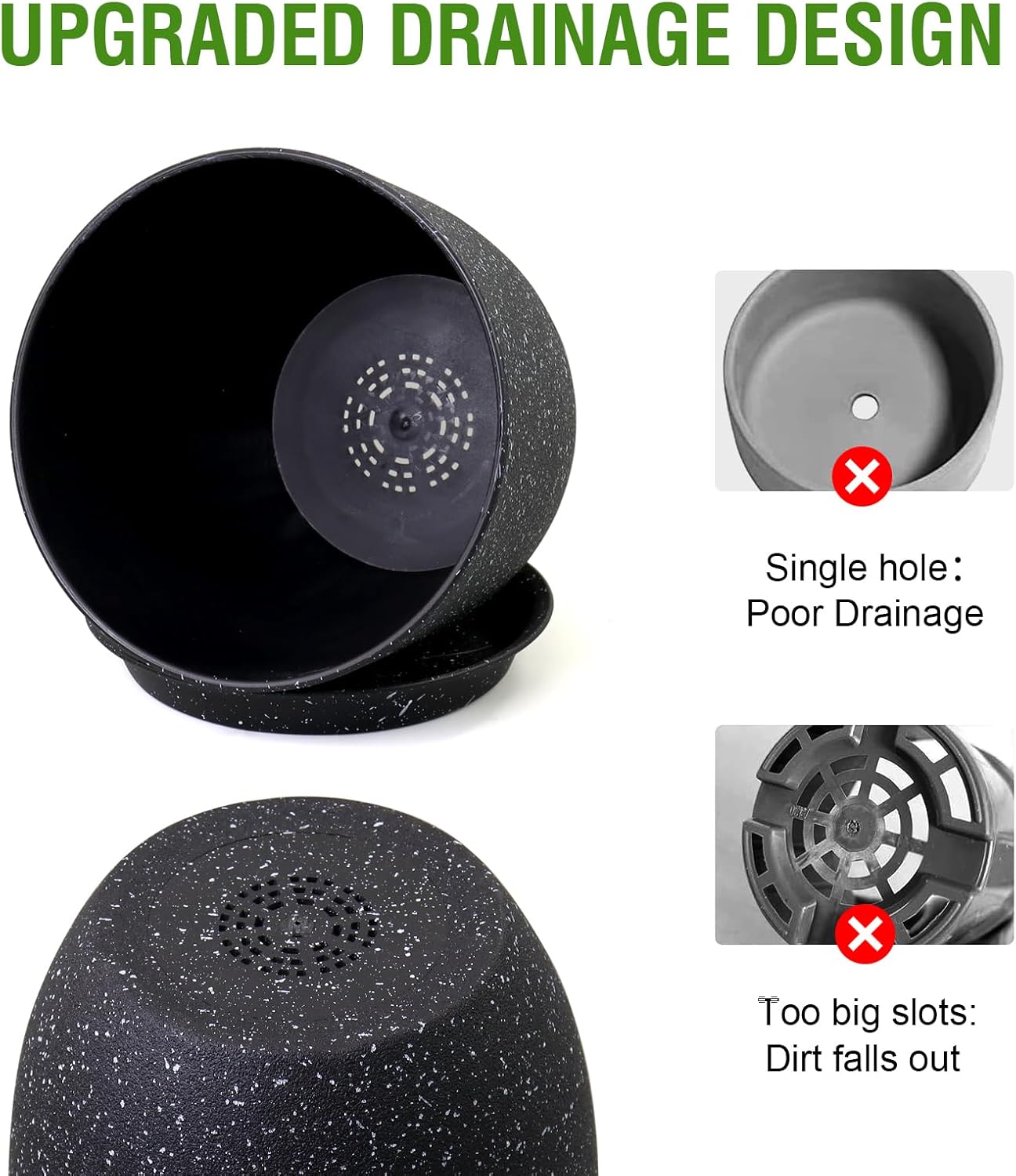 Large Flower Pots 12/10/9 inch, Set of 3 Modern Decorative Plastic Planters with Drainage Holes and Saucers for Garden House Plants, Plant Pots for Indoor Outdoor Plants, Speckled White