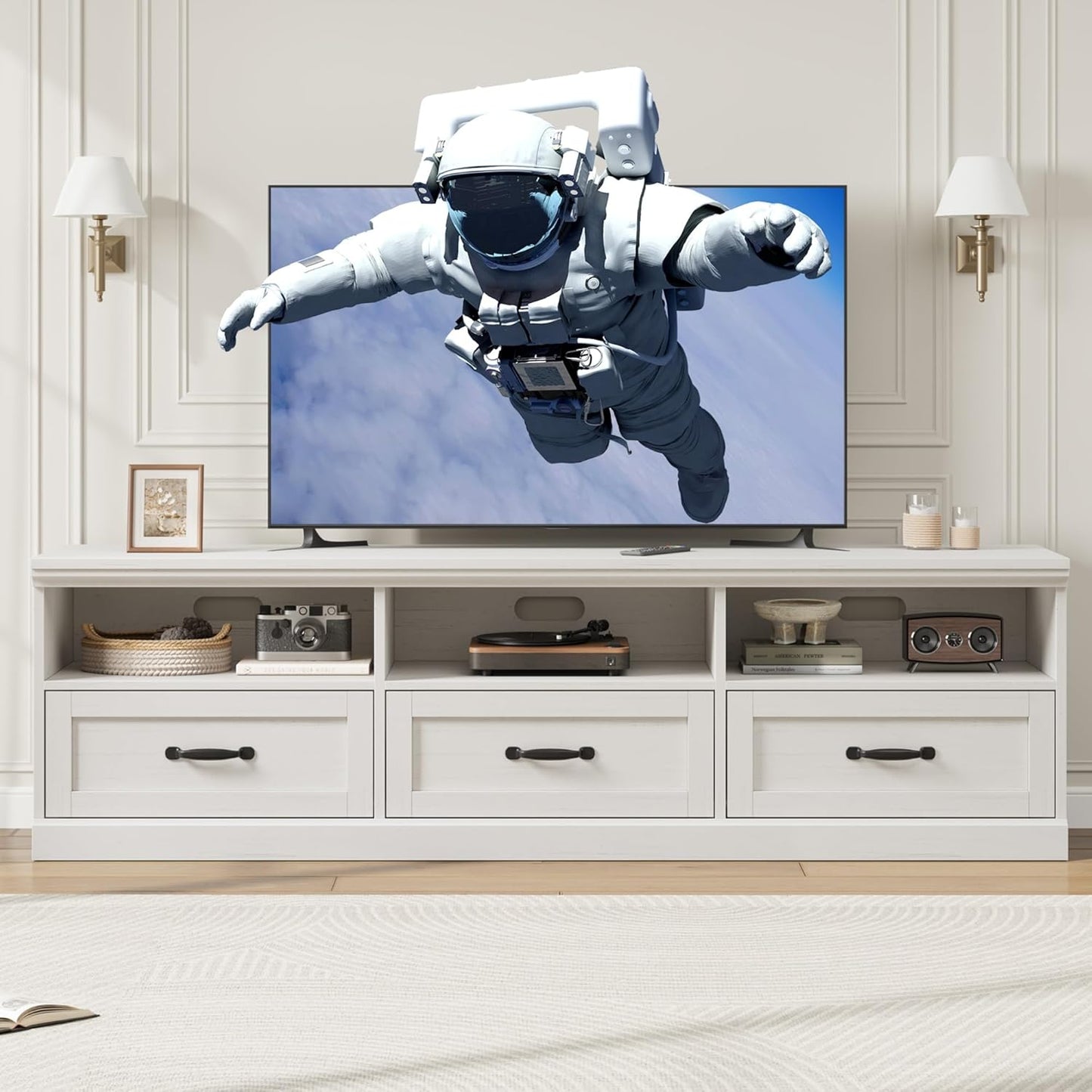 IDEALHOUSE 70in TV Stand for TVs up to 80", Mid Century Modern Entertainment Center with Storage Drawer and Open Shelves, TV Console Media Cabinet for Living Room, Bedroom, Antique White