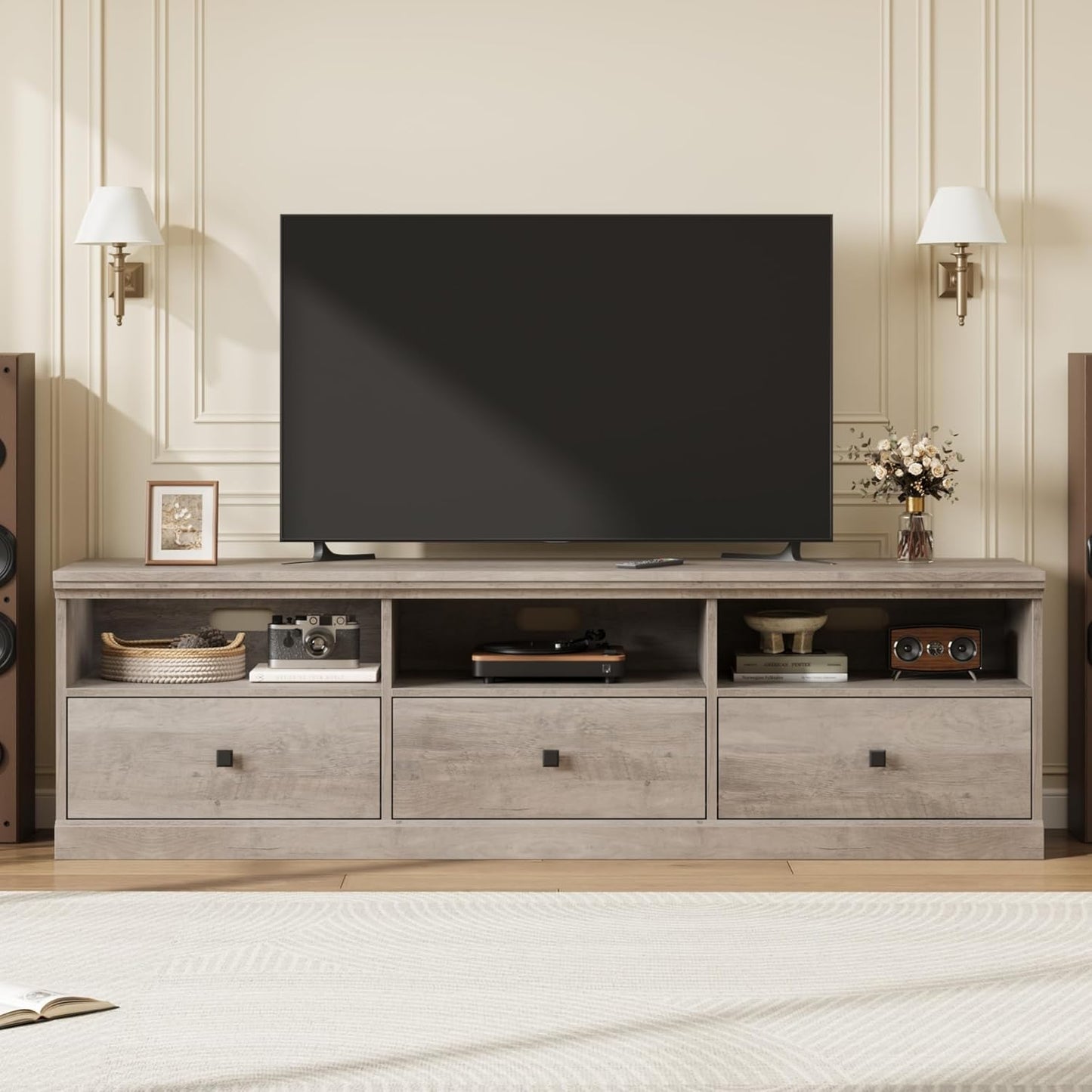 IDEALHOUSE 70in TV Stand for TVs up to 80", Mid Century Modern Entertainment Center with Storage Drawer and Open Shelves, TV Console Media Cabinet for Living Room, Bedroom, Rustic Gray