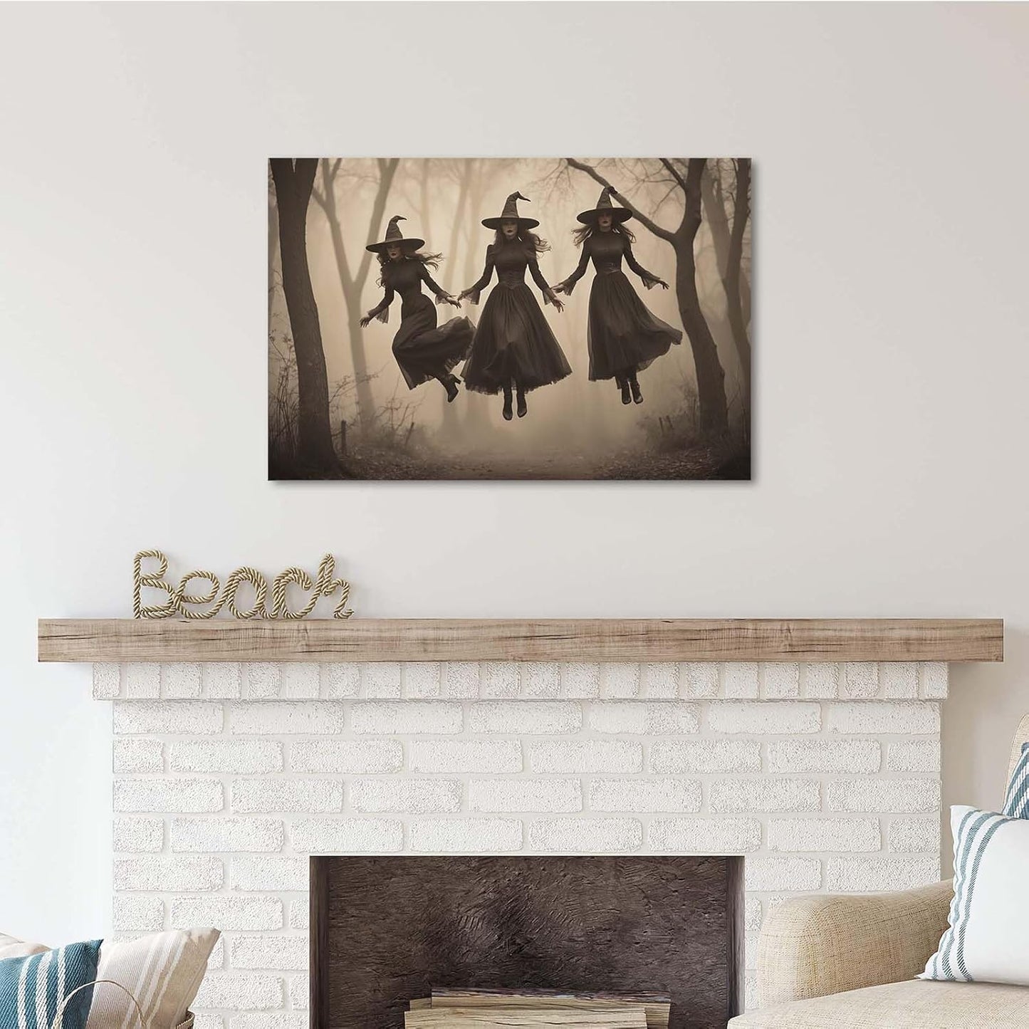 JFHCQJPK Three ghost witches flying in vintage forest gothic wall art witchcraft decoration holiday gift canvas wall art print28x40in Frameless