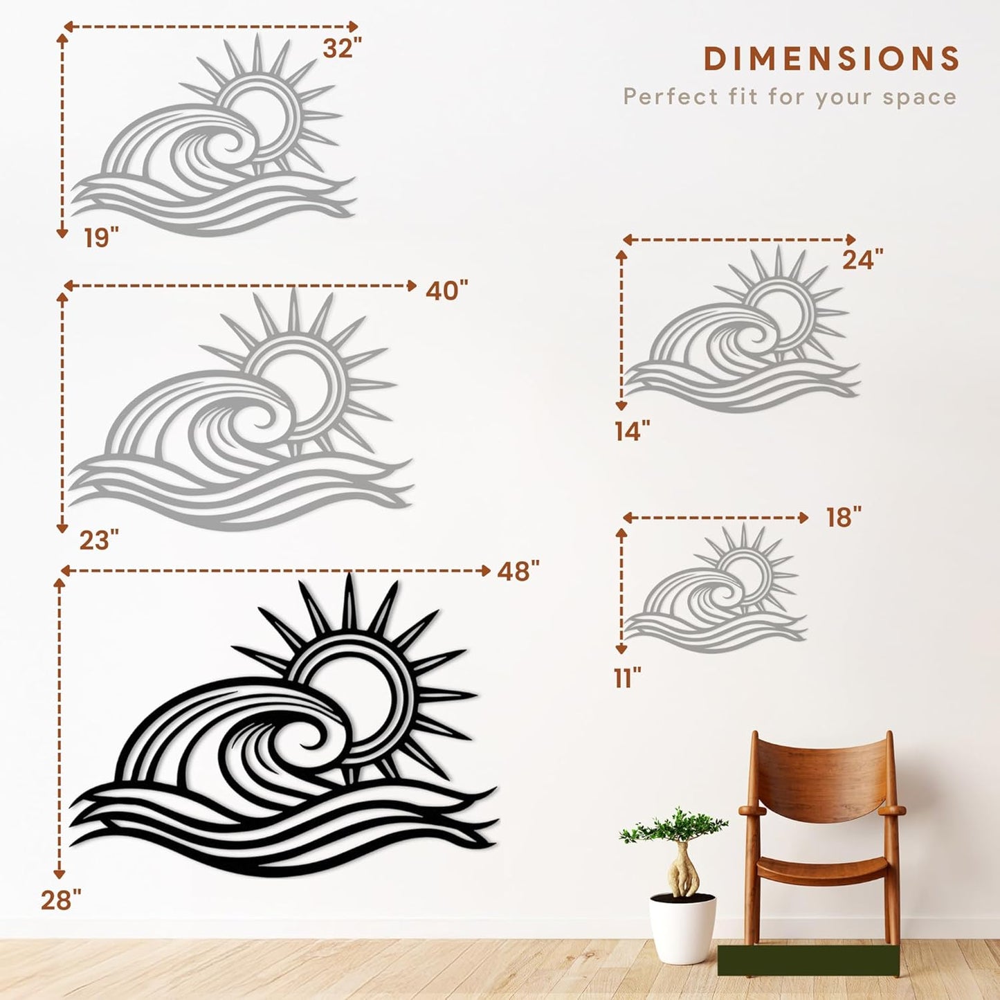 Wita Home Ocean Wave Metal Wall Art, Sun Beach Decor, Coastal Large Wall Sculpture for Home, Indoor/Outdoor Use, Nautical Wall Hanging, Eye-Catching Addition to Living Room (Black, 48 x 28 inches)