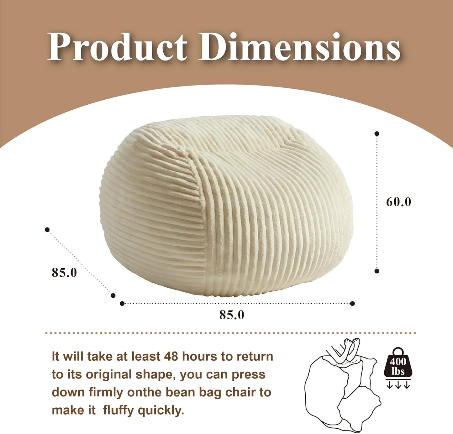 Premium Beige Bean Bag Chair for Adults with Armrest- Ultra Plush Memory Foam Lounge Sofa & Comfy Reading Nook Chair for Bedroom, Living Room & Dorm (White, 4FT)