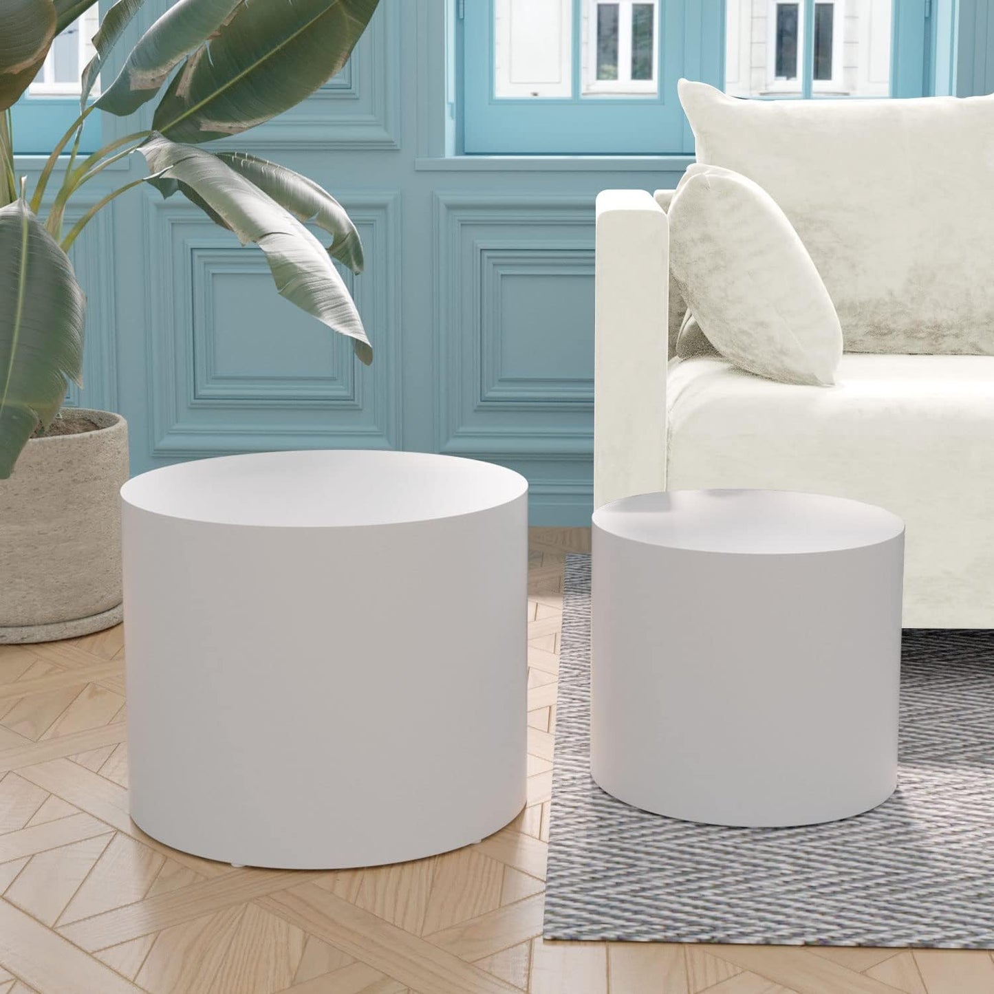 WILLIAMSPACE Nesting Coffee Table Set of 2, Matte White Round Wooden Coffee Tables Modern Circle Table for Small Space Living Room Bedroom Accent End Side Table (Matte White-Round)