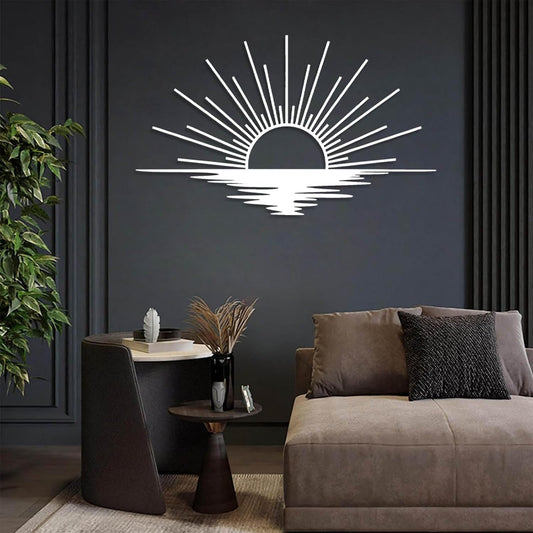 Sunrise Metal Wall Art, Metal Sun Wall Decor, Sun Outdoor Wall Art, Abstract Sunrise Wall Decor, Boho Home Hanging, Living Room Wall Hanging (White, 59"x35"/150x90cm)