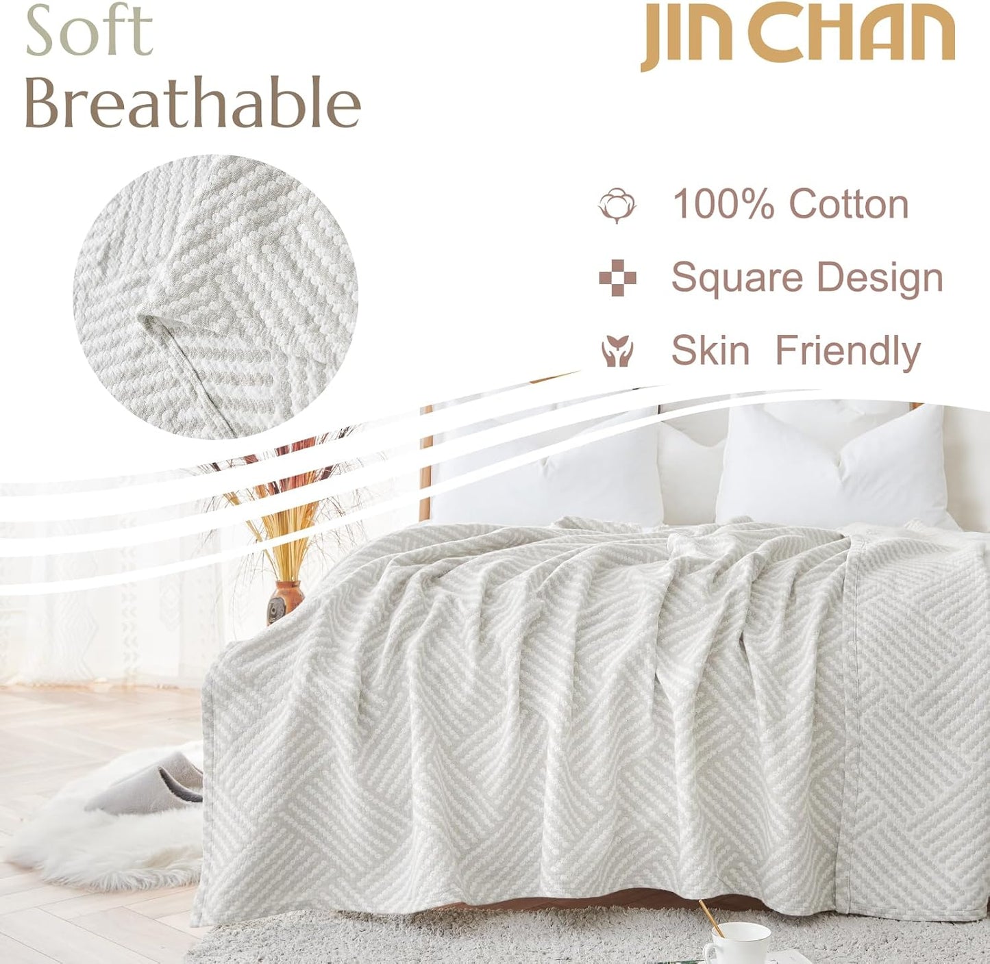 jinchan Boho 100% Cotton Blanket Muslin Twin Size 60x80 Inches Lightweight 3-Layer Geometric Square Pattern Reversible Quilt Throw Soft Breathable Comfy All Seasons for Couch Bed Decor, Light Grey