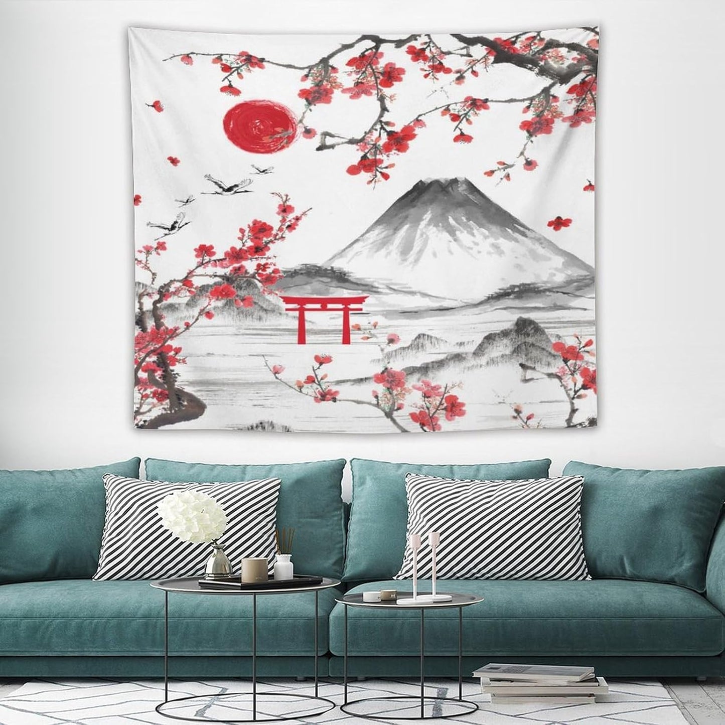 Red Cherry Blossoms Tapestry, Japanese Fuji Mountain Tapestry, Asian Japanese Wall Tapestry, Nature Landscape Tapestries for Bedroom Living Room Decor 60"x50"