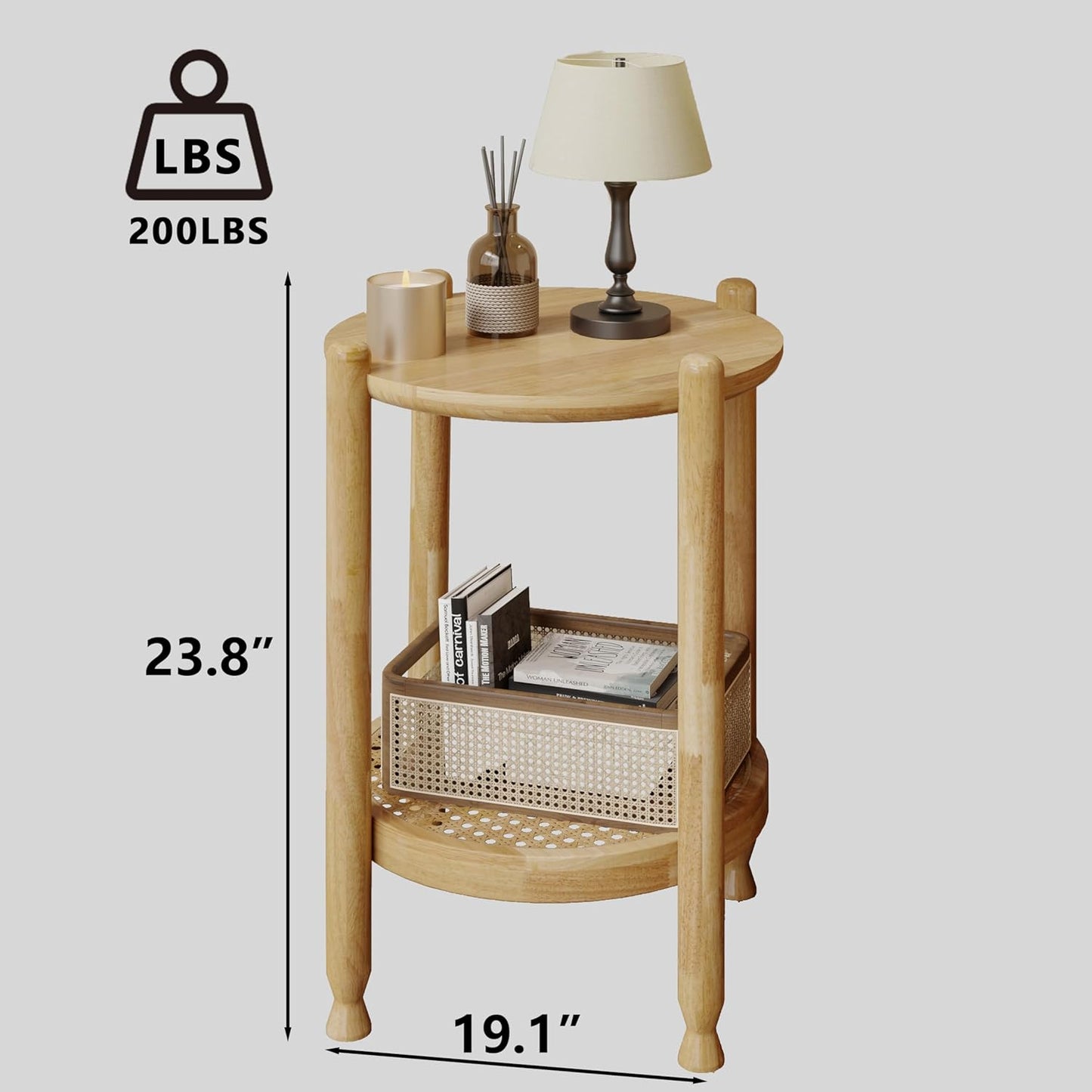 NSdirect Round End Table for Living Room, 2-Tier Rustic Wood Center Table for Home Decor with Boho Woven Rattan Storage Shelf | Modern Farmhouse Design, Easy Assembly, Oak