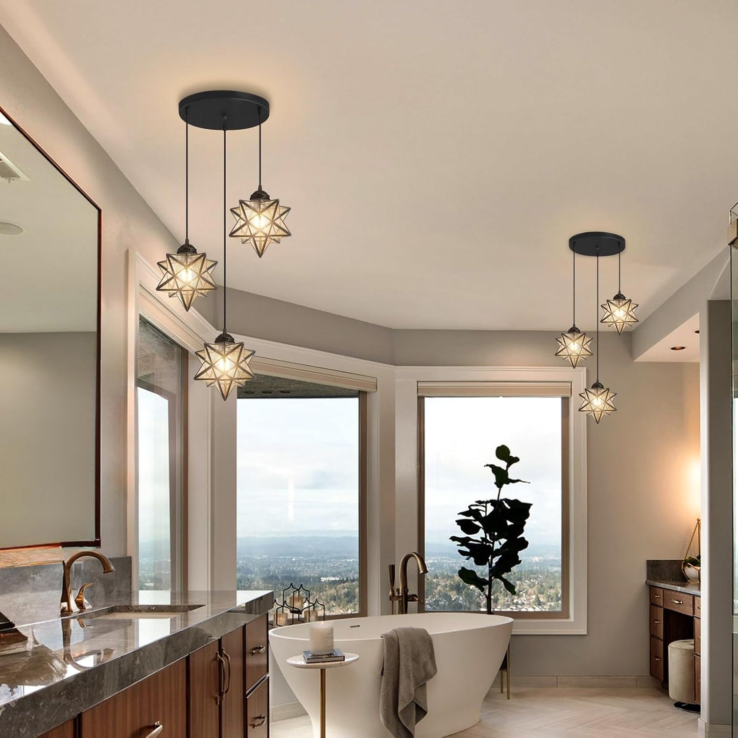 Farmhouse Glam Chandelier with Glass Star Pendants Light Fixture Elegant Ceiling Hanging Lights Included Warm Light Bulbs Black