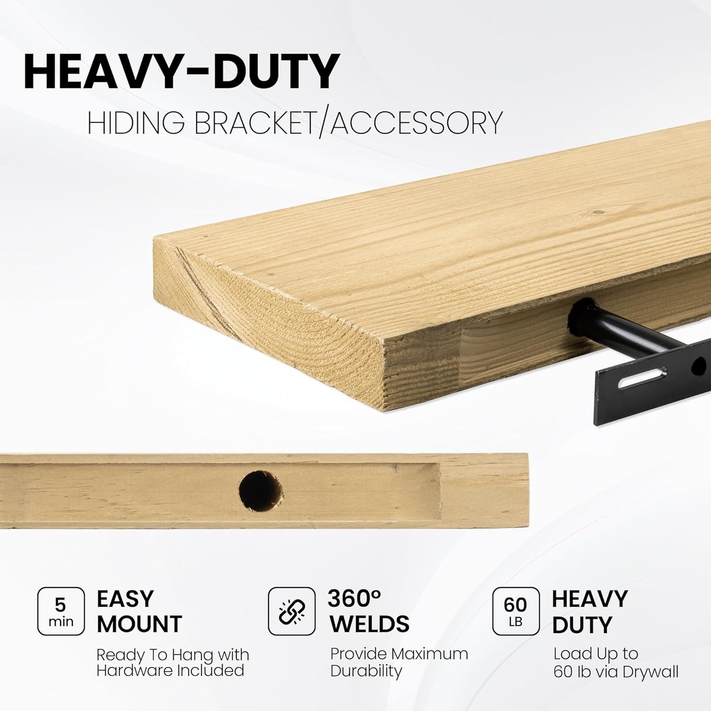 Fun Memories Floating Shelves for Wall Decor, 24"x8" Rustic Reclaimed Wood Shelves, Heavy-Duty Wall Mounted Shelves with Invisible Brackets, Set of 2for Living Room, Bedroom, Kitchen, Natural Finish