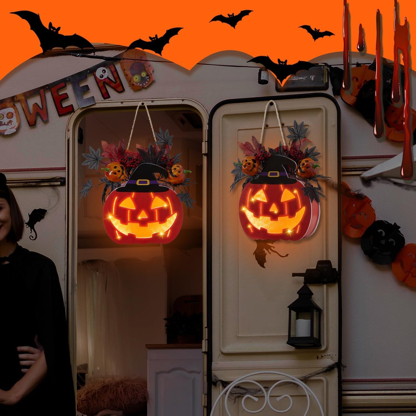 Halloween Door Decorations, Halloween Wreath Decorations Double-Sided Pumpkin with Timer Function, Light up Jack O Lantern for Front Door Window Wall Outside Decor, Battery Operated, 11 Inch