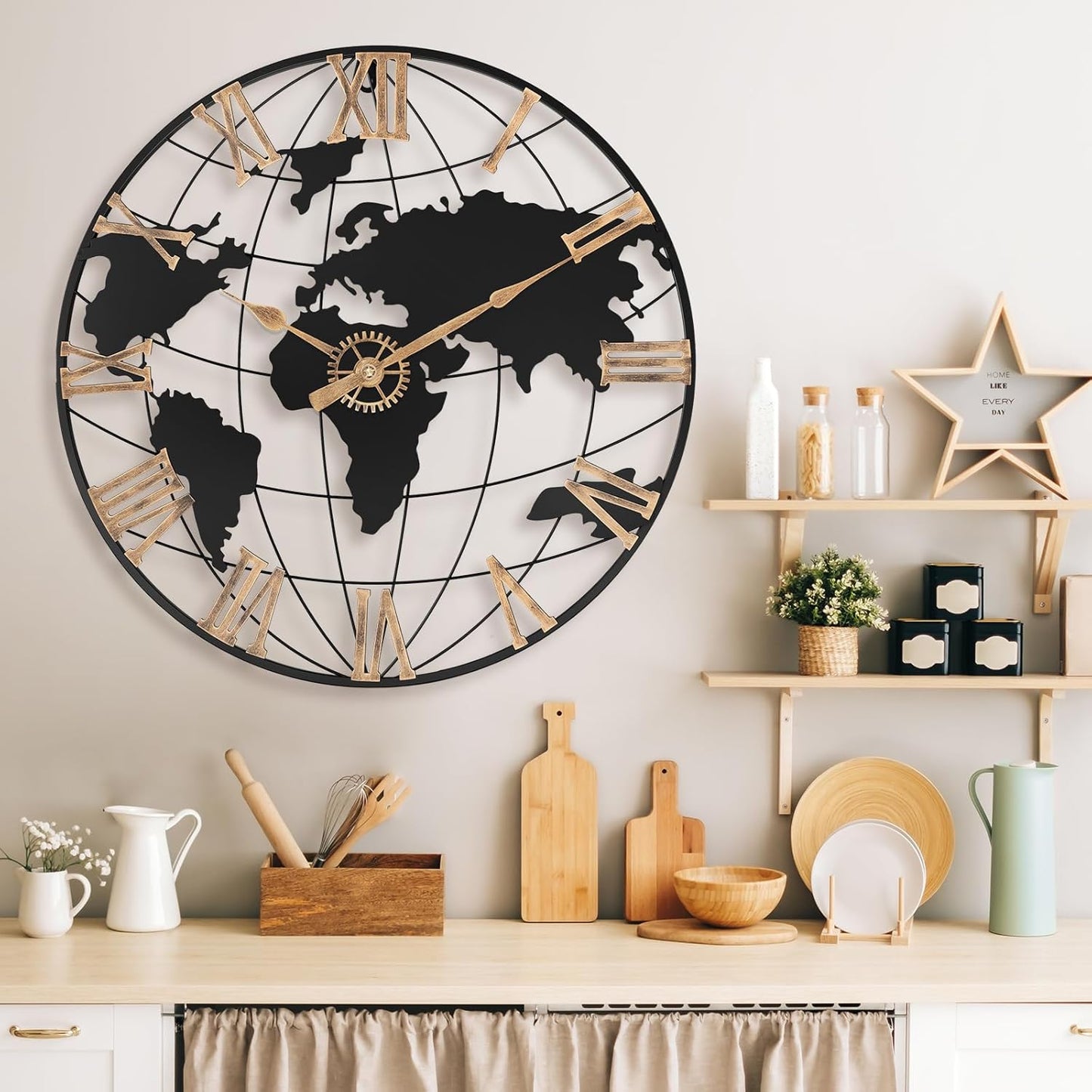 24 Inch Large Wall Clock for Living Room Decor,Big Modern Decorative Silent World Map Metal Wall Clock with Vintage Gold Roman Numeral for Office,Living Room,Kitchen,Dining Room