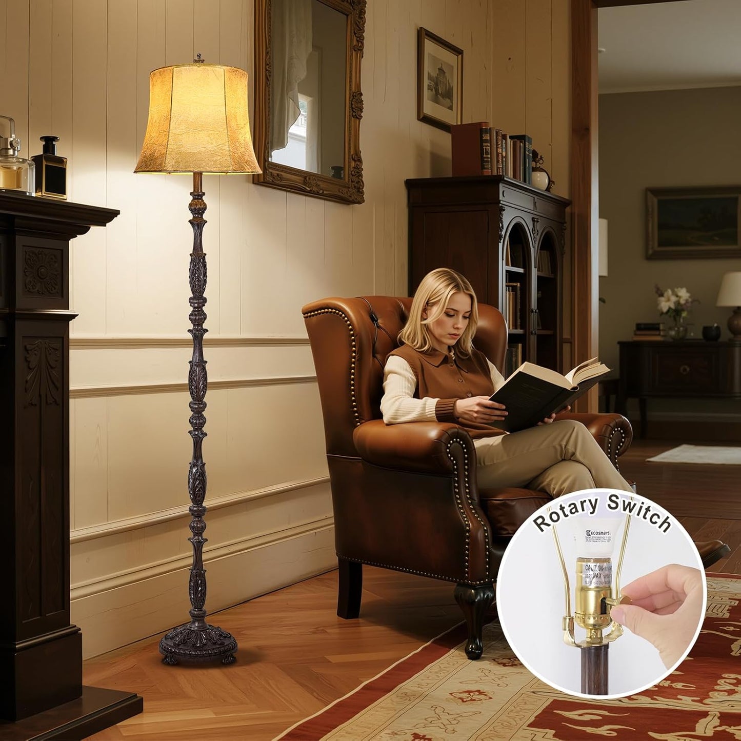 Scenekoy Vintage 66” Tall Floor Lamp for Living Room Bedroom, Retro Resin Carved Standing Lamp with Faux Leather Shade, 3-Way Dimmable Bulb, Rotary Switch Rustic Corner Light for Home Decor