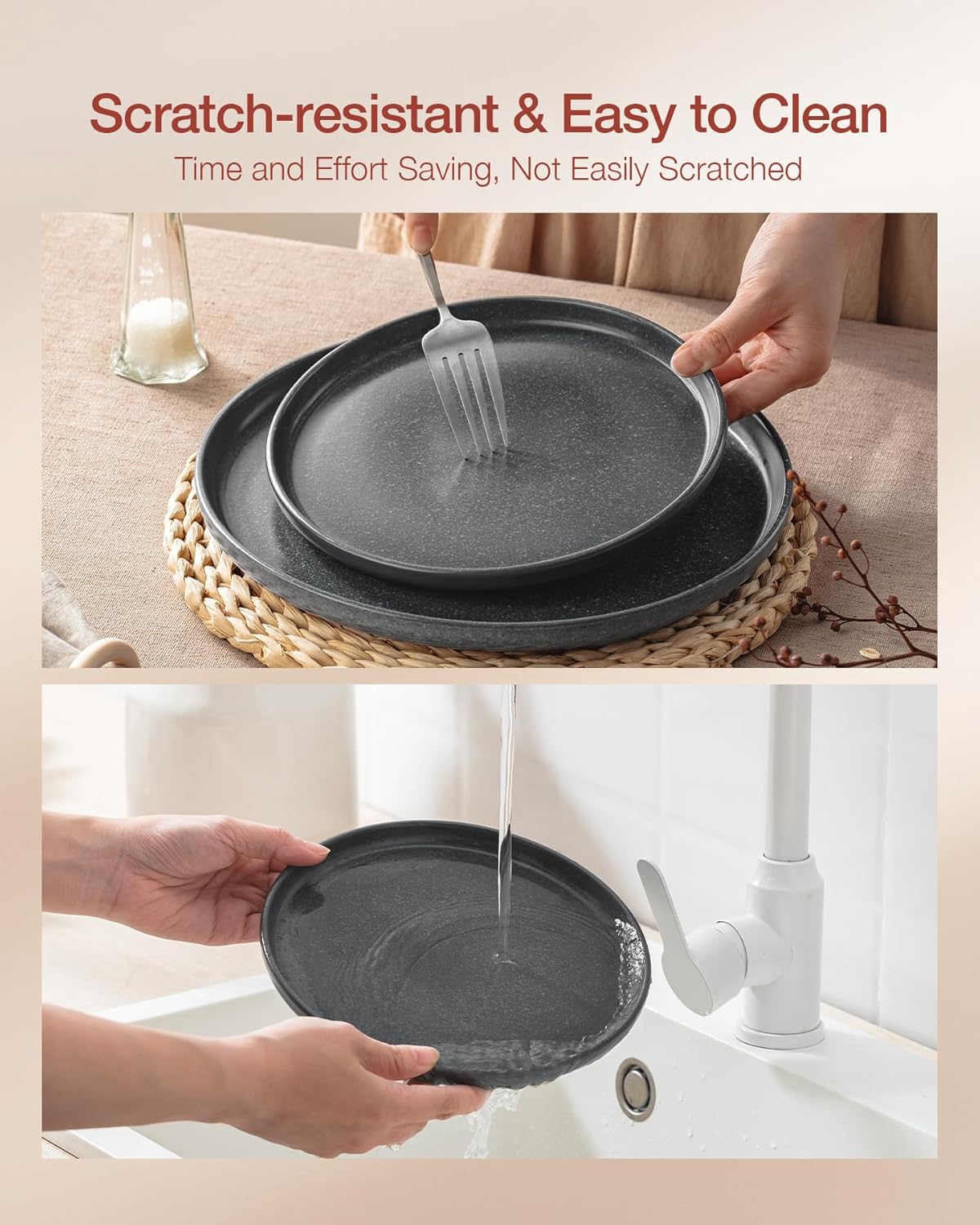 Famiware Milkyway Plates and Bowls Sets, 18 Pieces Dinnerware Sets, Reactive Glaze Dish Set, Stoneware Dishes Set for 6, Matte Dark Charcoal