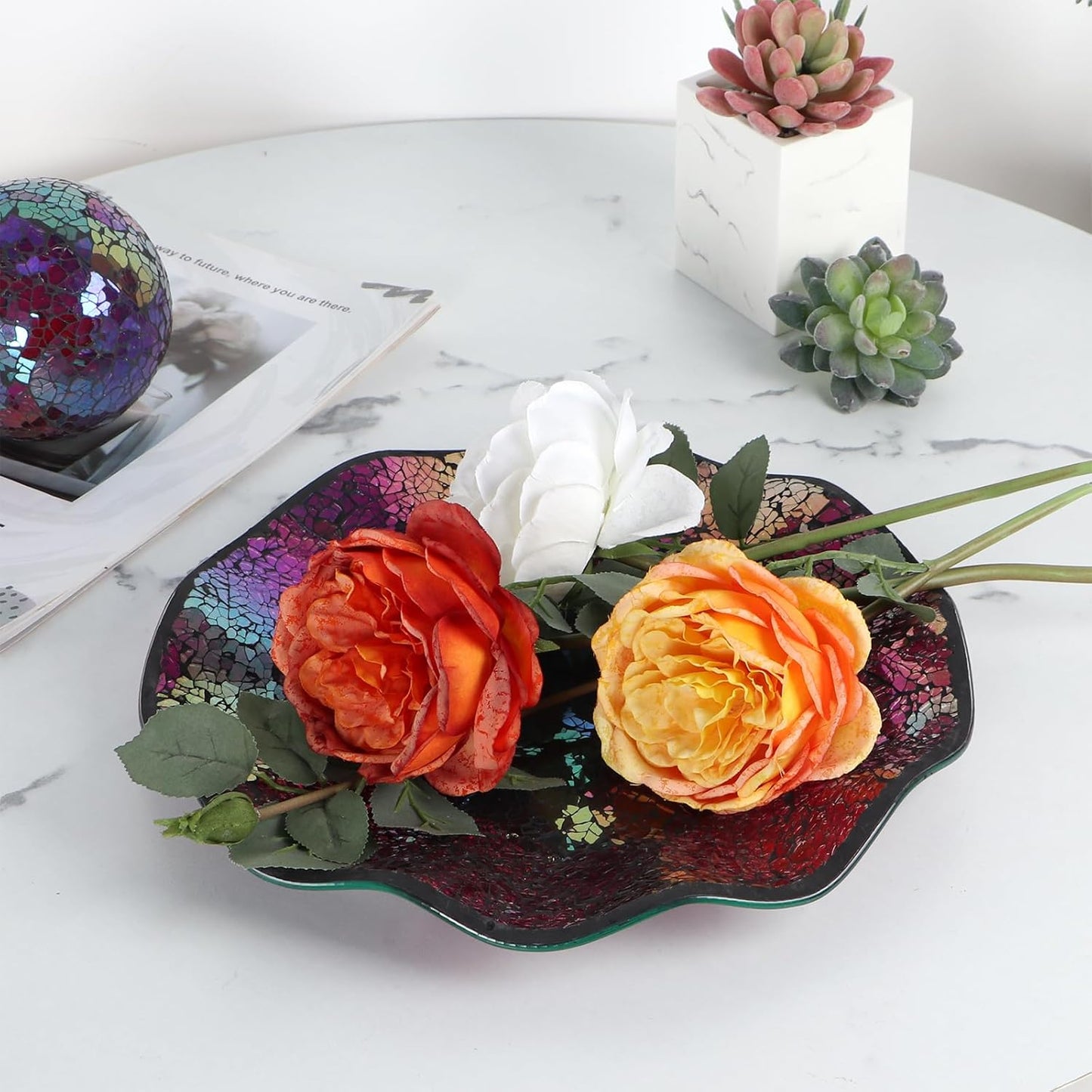 MDLUU Mosaic Centerpiece Tray, 11.6" Decorative Glass Plate, Home Decor Glass Bowl for Dining Room Table, Coffee Table, Gift (Multicolored Purple)