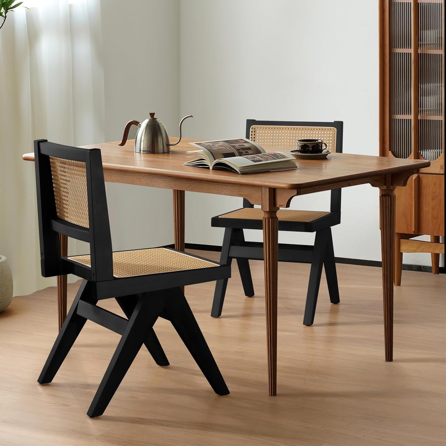 Black Cane Dining Chairs Set of 6, Armless Rattan Kitchen Chairs for Dining Room
