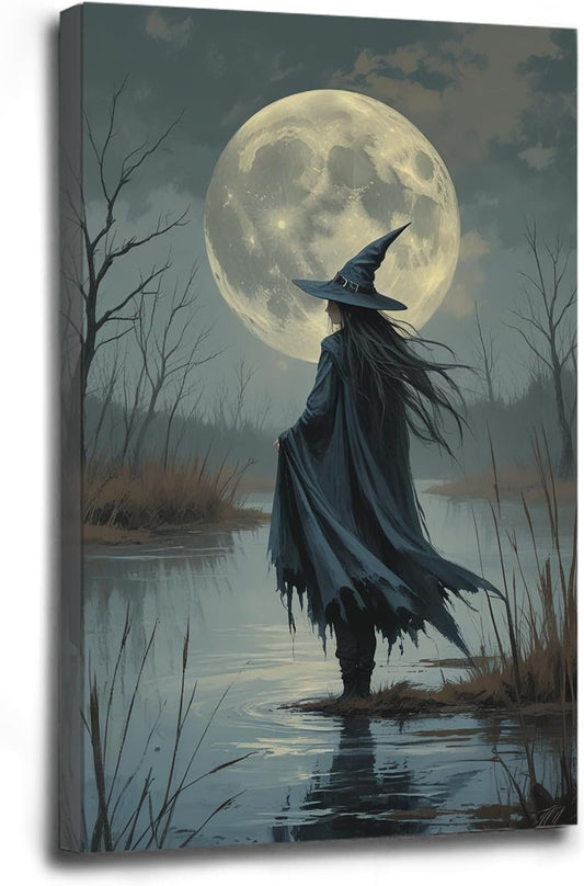 Witch in the moonlight magic canvas wall art enchanting Halloween home decor swamp witch silhouette oil painting mysterious gothic aesthetic wall decor print poster16x24in Wood Framed