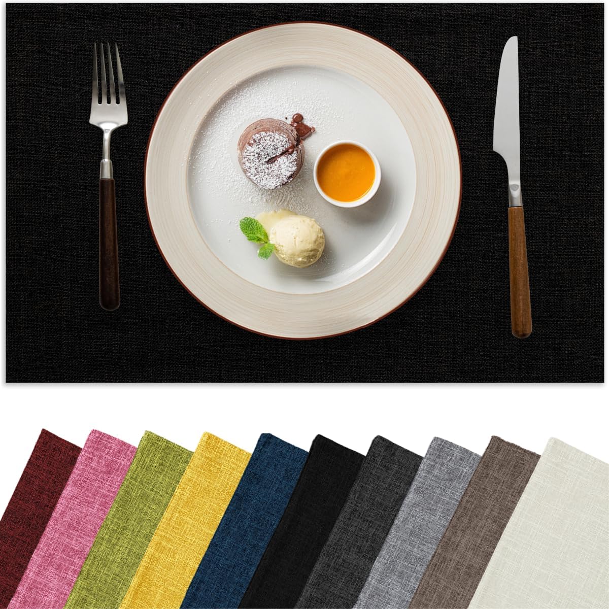 Placemats Set of 6, Bilayer Thickened Linen Place Mats Heat Resistant Machine Washable Wrinkle Free Carefully Selected Polyester Mats for Kitchen/Dining/Coffee Table (Black)