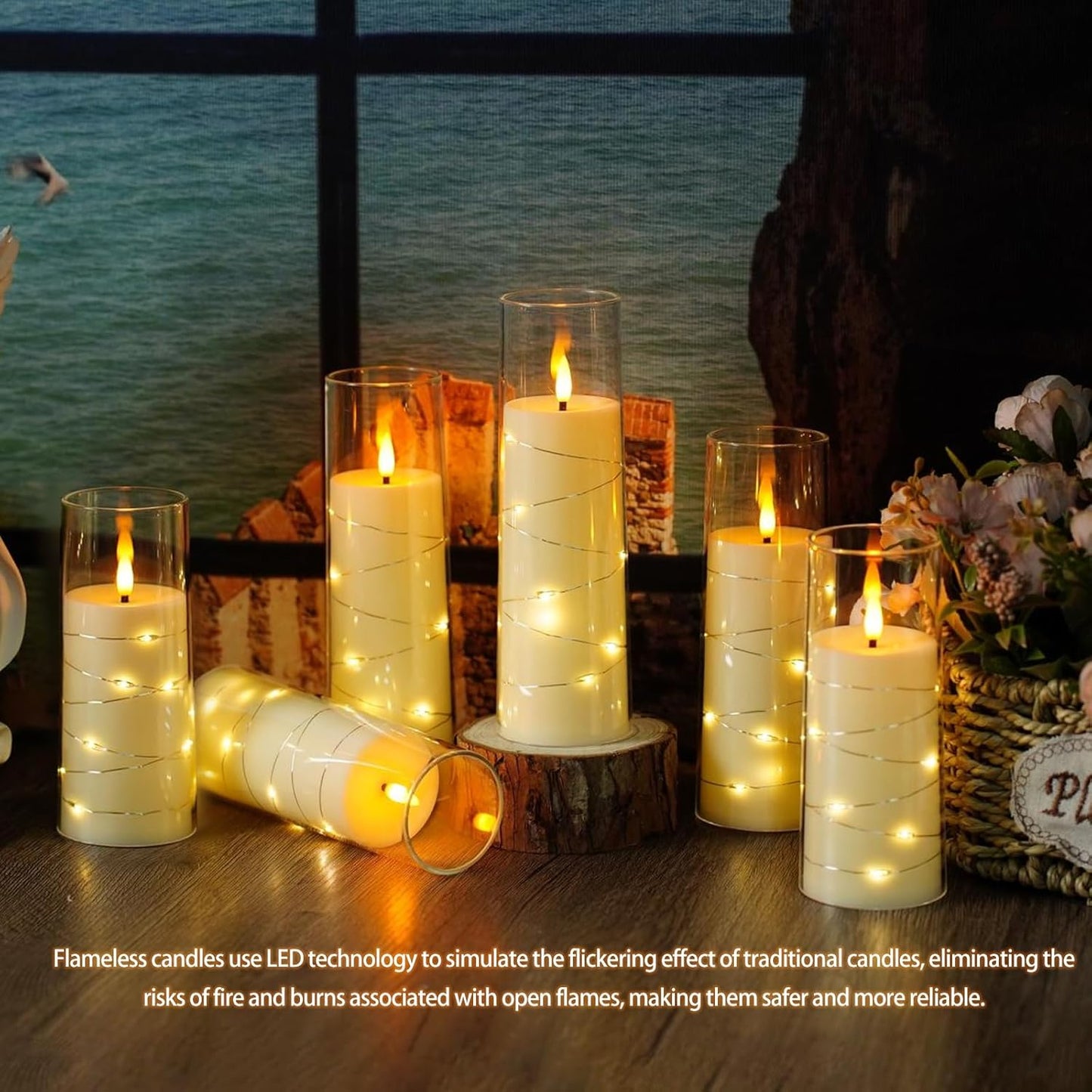 Flickering Flameless LED Candles,Battery Operated Candles 9 Pcs with Embedded Star String,Acrylic LED Pillar Candles with Remote,Suitable for Home Decoration to Create an Atmosphere (Ivory)