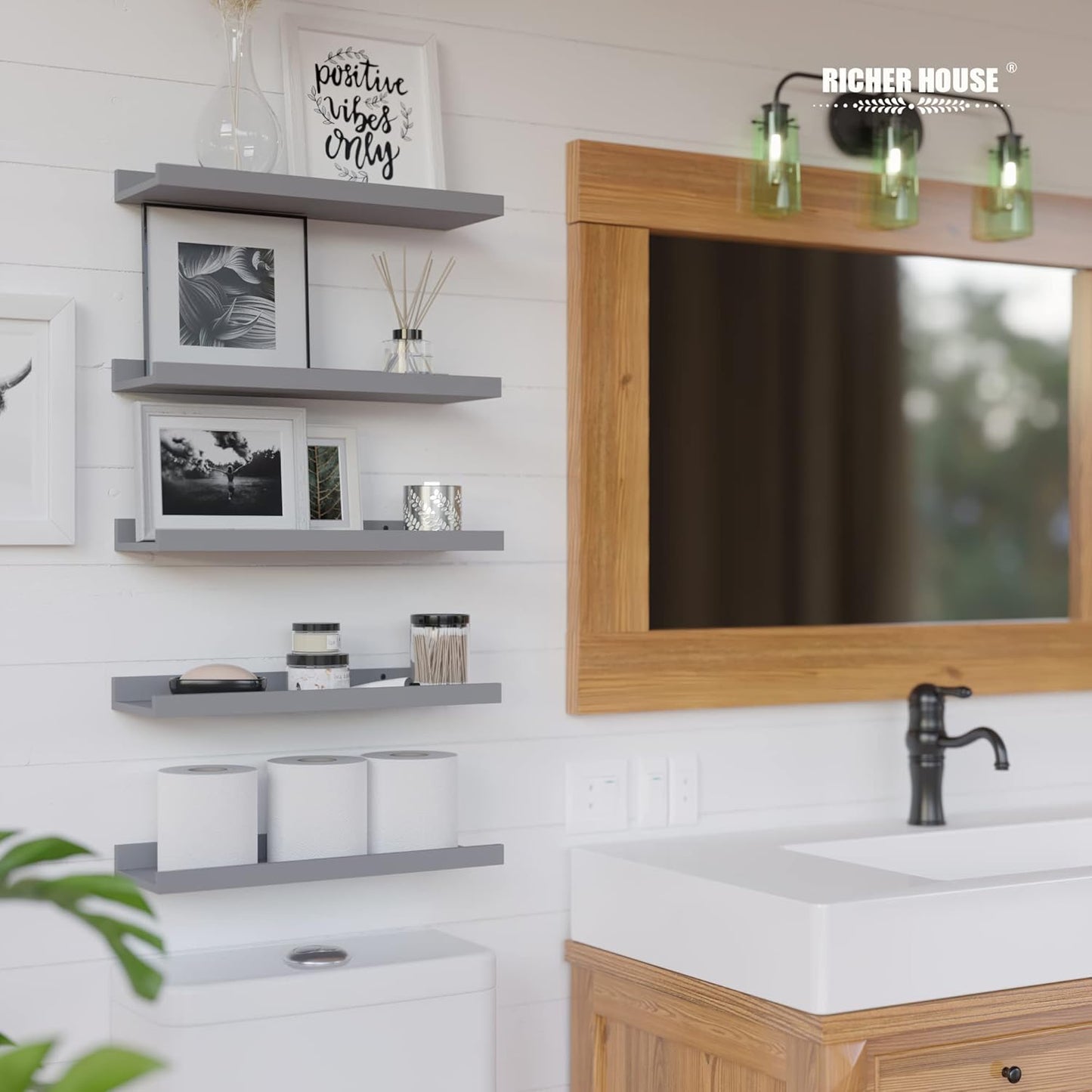 RICHER HOUSE Mounted Shelves for Wall Decor, Modern Picture Ledge Shelf with Lip for Wall Storage Nursery, Bedroom, Living Room, Bathroom - Grey