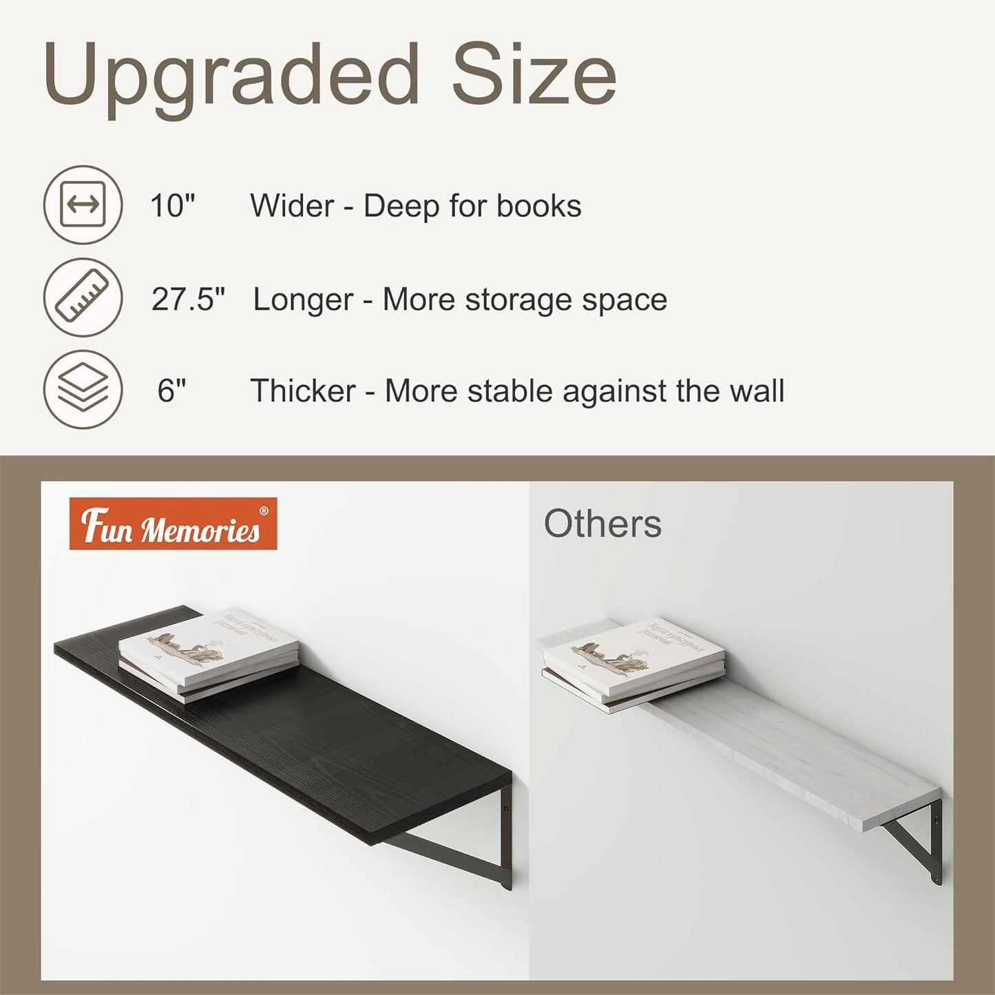 Fun Memories 27.5" W x10 D Floating Shelves, Black Wall Shelf with Brackets, 10 Inch Deep Floating Shelf Set of 2, Large Storage Kitchen Living Room Bathroom Shelves, Wood Wall Mounted Shelf