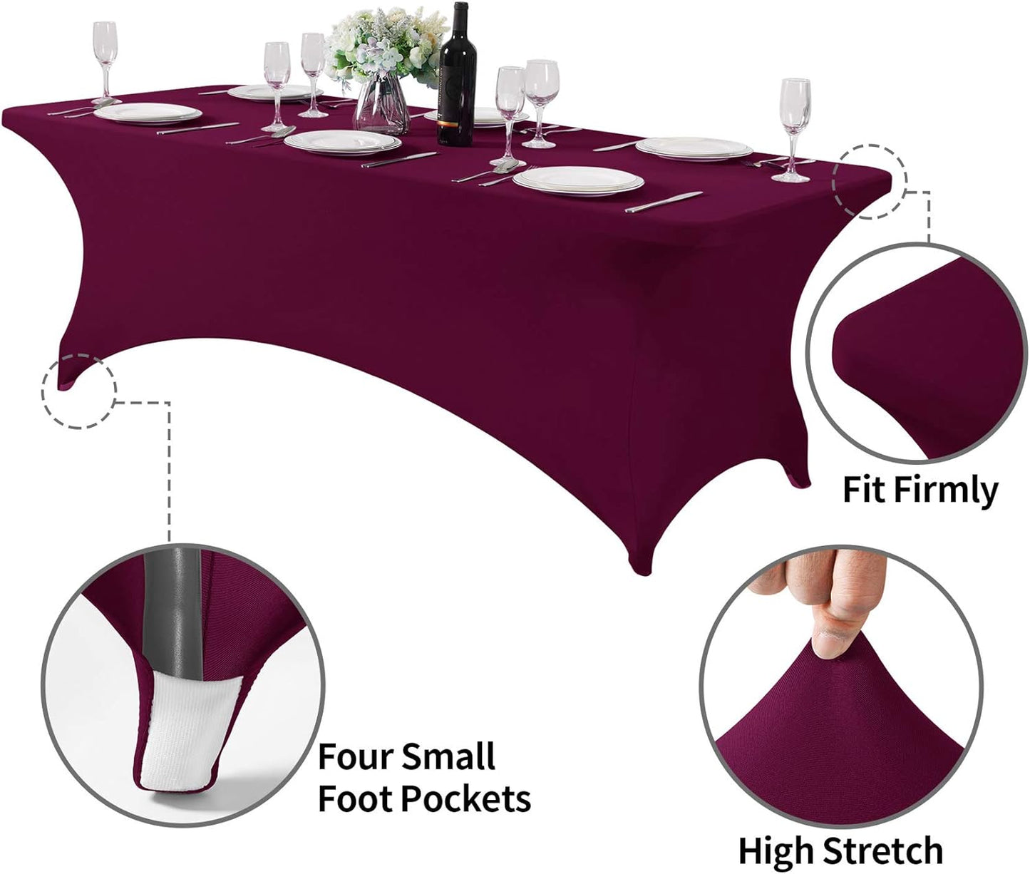 2Pack Spandex Table Cover for 8FT or 4ft or 6ft Table Universal Fitted Stretch Tablecloth for Party, Banquet, Wedding and Events-Burgundy